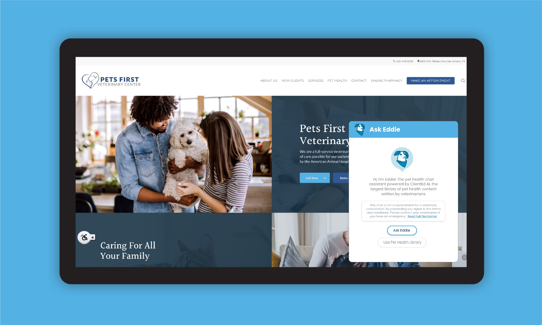 Screenshot of a veterinary clinic website, featuring a woman and a girl with a white dog, and a pet health chat window titled 'Ask Eddie' offering pet health information.