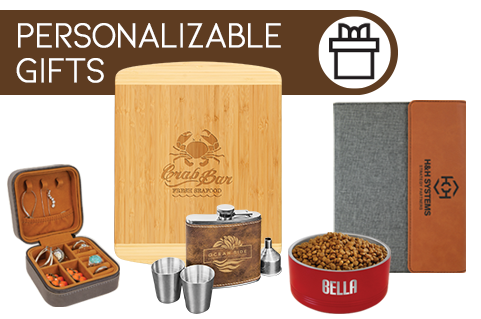 Personalized Engrave Gift Items cutting boards flasks pet items whiskey glasses