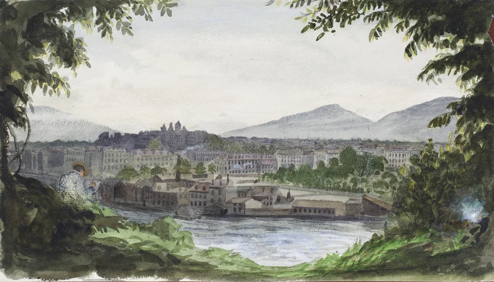 The artist sketching in Verona, Italy , 1875, gouache/paper