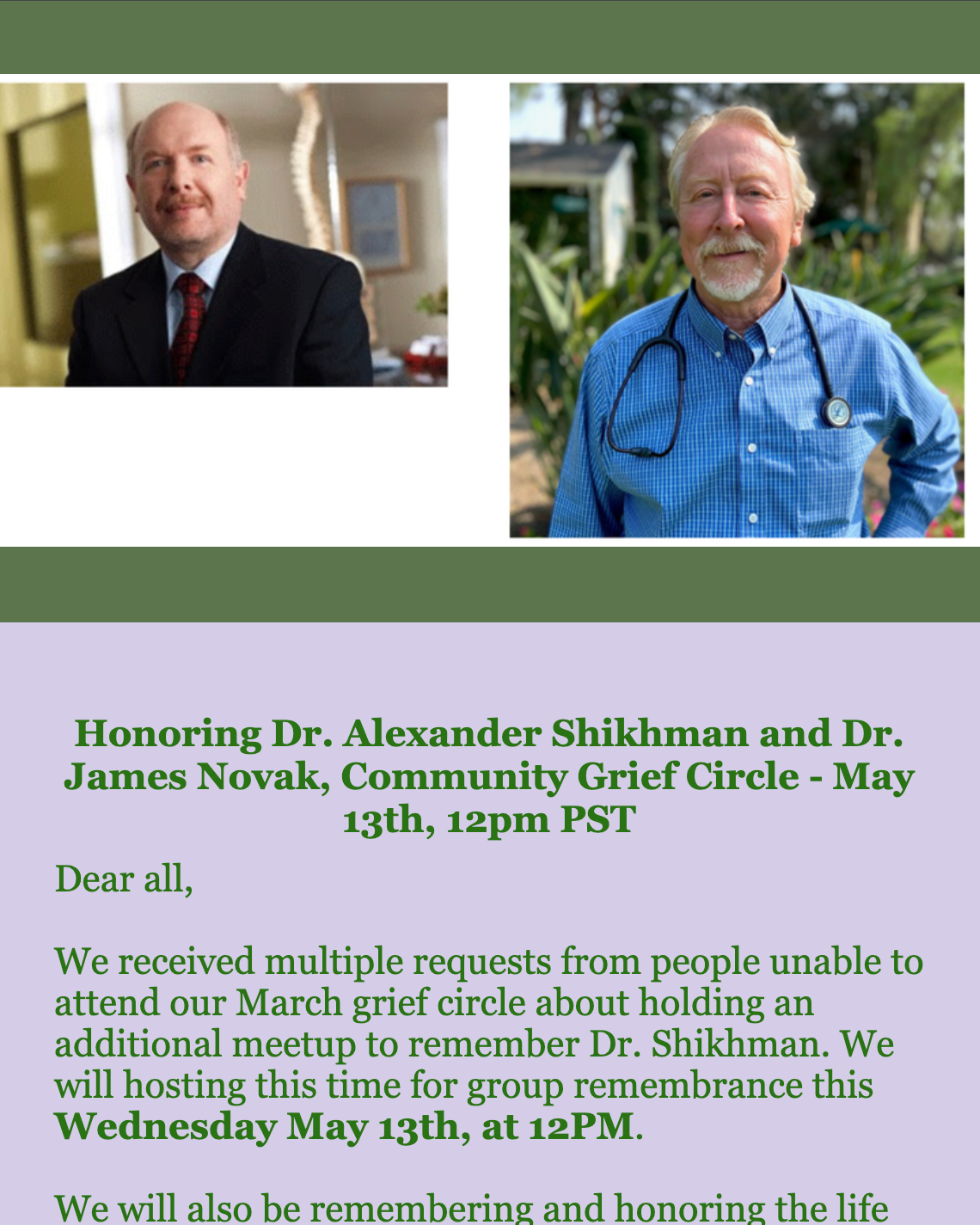 Second Community Grief Circle Honoring Dr. Alexander Shikhman and Dr. James Novak // May 11, 2026