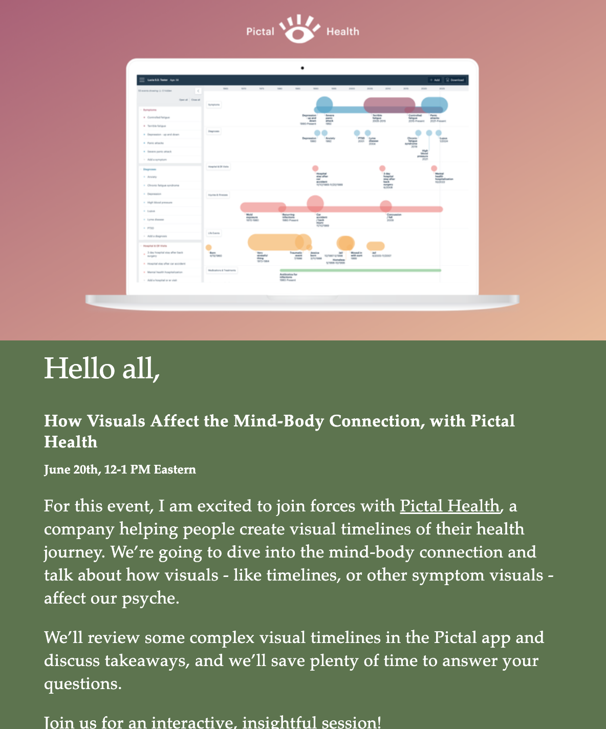 FREE ONLINE EVENT: Creating a Visual Health Timeline with Pictal Health // June 7, 2024