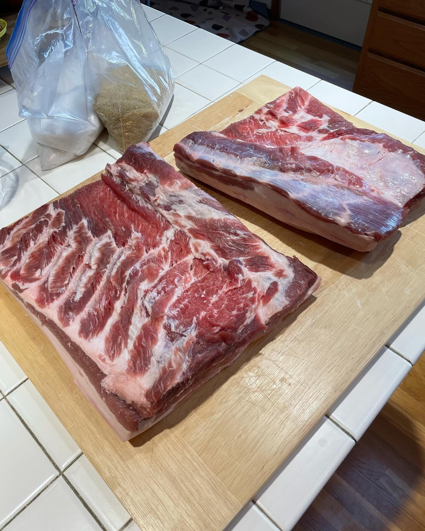 First attempt at bacon turned out pretty good. Just a little too salty. Probably should have stopped adding the sugar/salt cure three days earlier. Took close to two weeks in the fridge. I have since had it cold-smoked and it&rsquo;s even better.