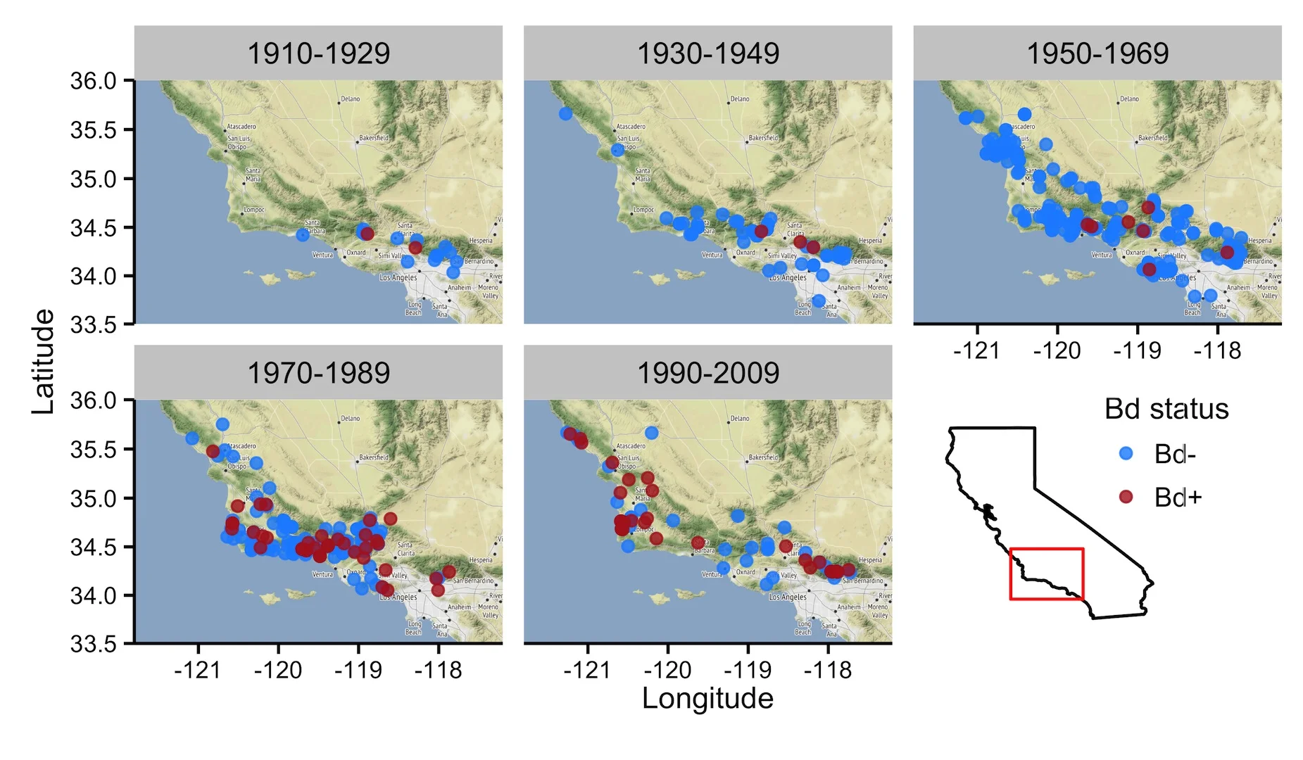 Results of museum specimen sampling through time. Red dots indicate where Bd was found in a museum specimen for the time period indicated at the top of each map.