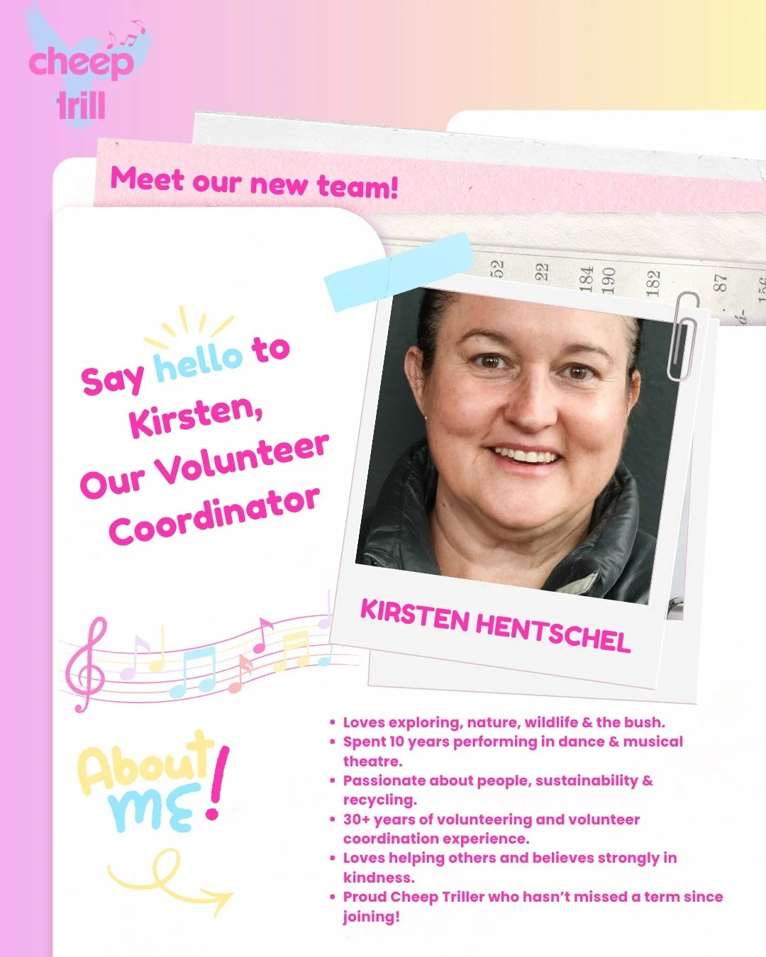 MEET OUR VOLUNTEER COORDINATOR, KIRSTEN! 

If you&rsquo;ve been around Cheep Trill for a while, Kirsten might already be a familiar face!

Having grown up across the Northern Territory and Queensland, Kirsten has always loved exploring, the bush, nat
