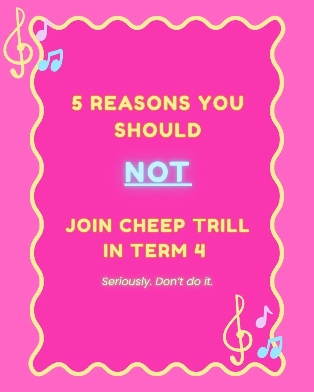 We tried to give you 5 good reasons not to join Cheep Trill in Term 4&hellip;

Unfortunately, we weren&rsquo;t very convincing. 👀

Term 4 registrations open Thursday 17 September at 7AM! 🎶

Whether you&rsquo;re a seasoned vocalist, a dedicated show