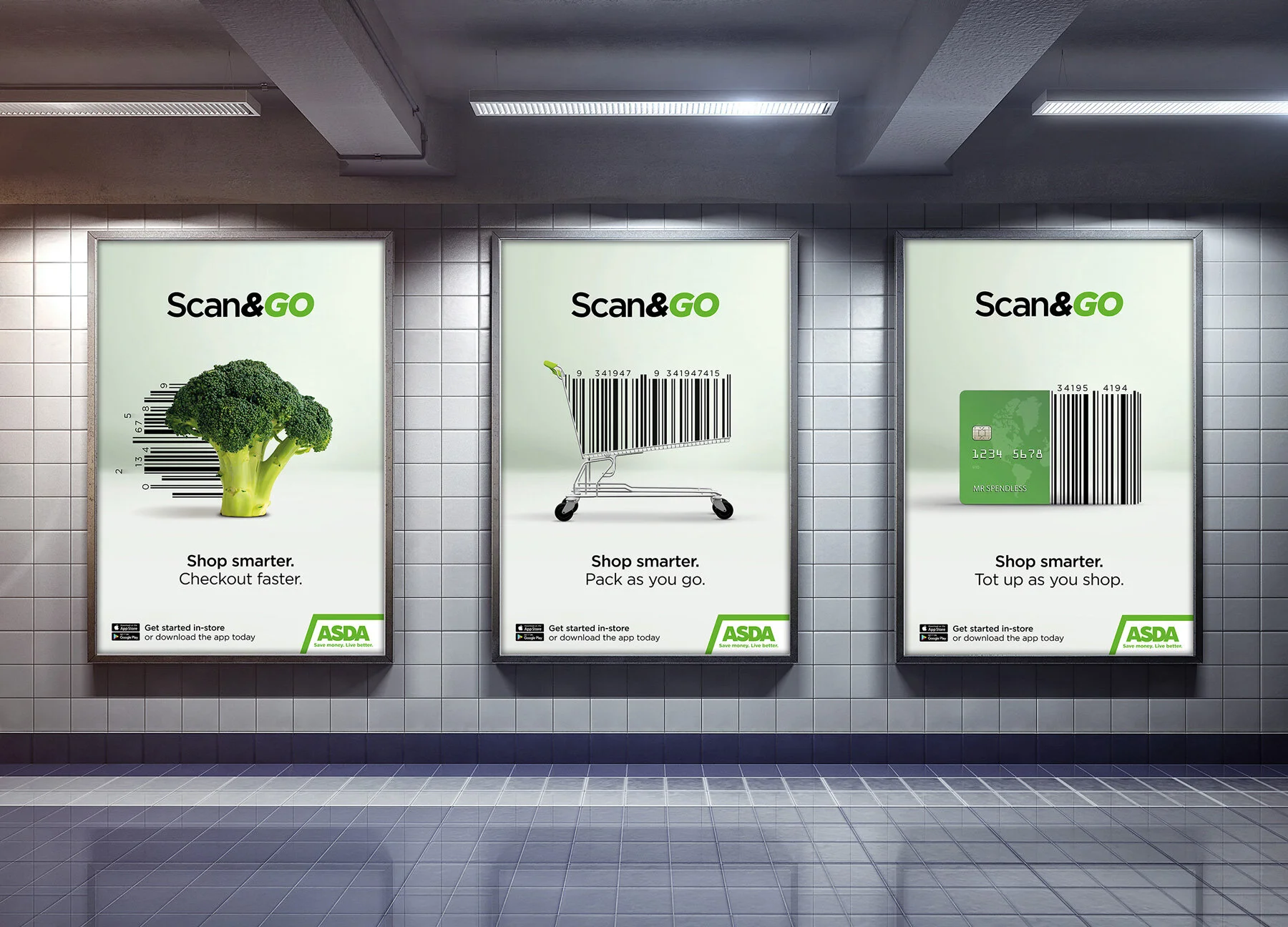 6-sheet billboards, encouraging shoppers by playfully highlighting the 3 key messages - checkout faster, pack as  you go and tot up as you shop.