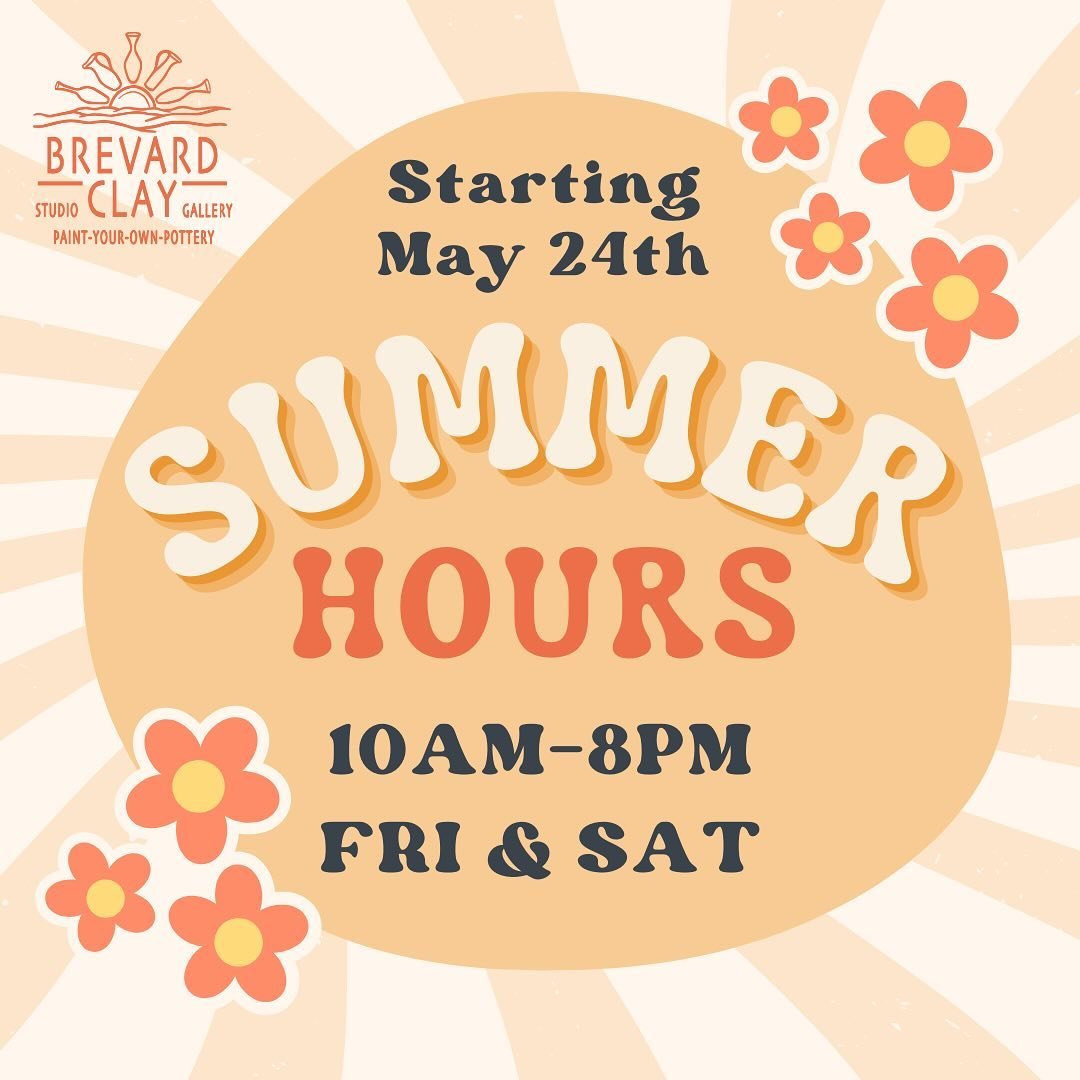 ANNOUNCING Brevard Clay's Summer Hours!

Starting May 24th we will be open until 8pm on Fridays and Saturdays. We are excited about more people having the opportunity to make with us!

#brevardclay #heartofbrevard