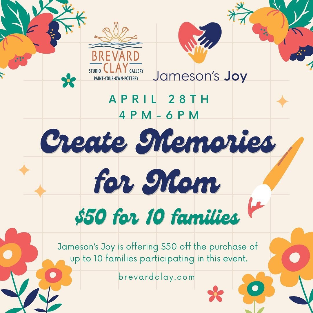 @jamesons_joy is hosting a Mother's Day event at Brevard Clay on Sunday, April 28th from 4pm to 6pm!

They are providing 10 families with $50 off their order so if you would like to reserve a spot, call us at 828-884-2529 

Spend the afternoon with m