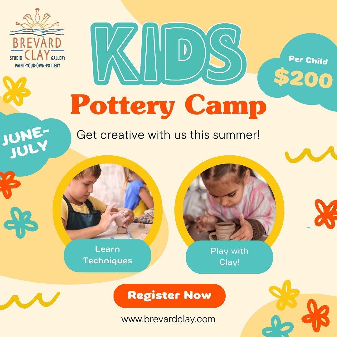 REMINDER TO SIGN UP FOR OUR SUMMER CAMPS!

Brevard Clay will be hosting kids summer camps this June and July! 
They will be held Mondays through Fridays from 9am- 12pm for ages 8-12 and 1pm-4pm for ages 13-18.

Your child will learn different pottery