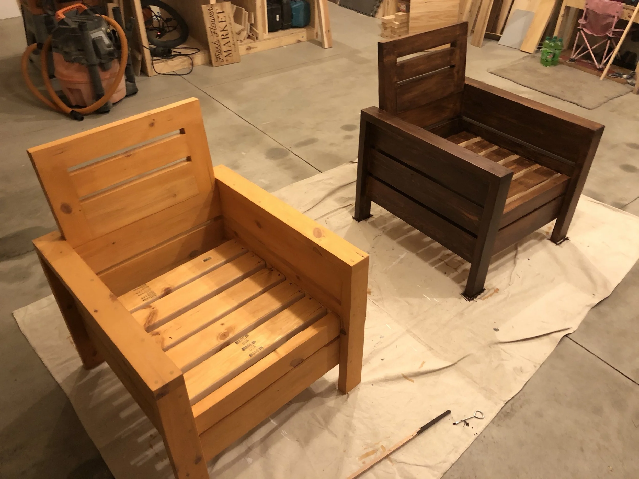 The chair on the left was stained using the original cedar colored stain. The chair on the right was stained with cedar, lightly sanded, and then stained again with a hickory colored stain. The chair color on the right is exactly what we were hoping for.