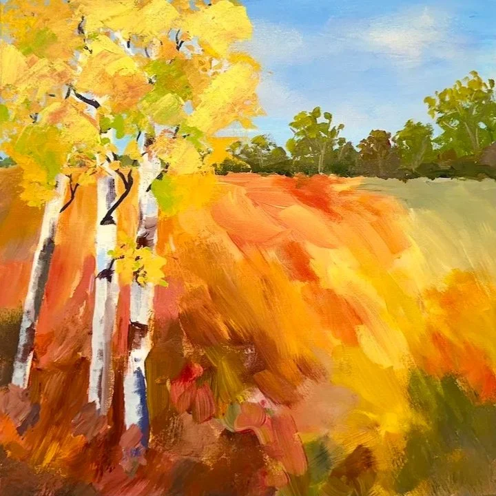 Up and Over The flamboyant colors of fall have struck the wild grasses and beech trees in this fresh image of the season. Bold brushstrokes emphasize the changing colors, presenting a spectacle of color.