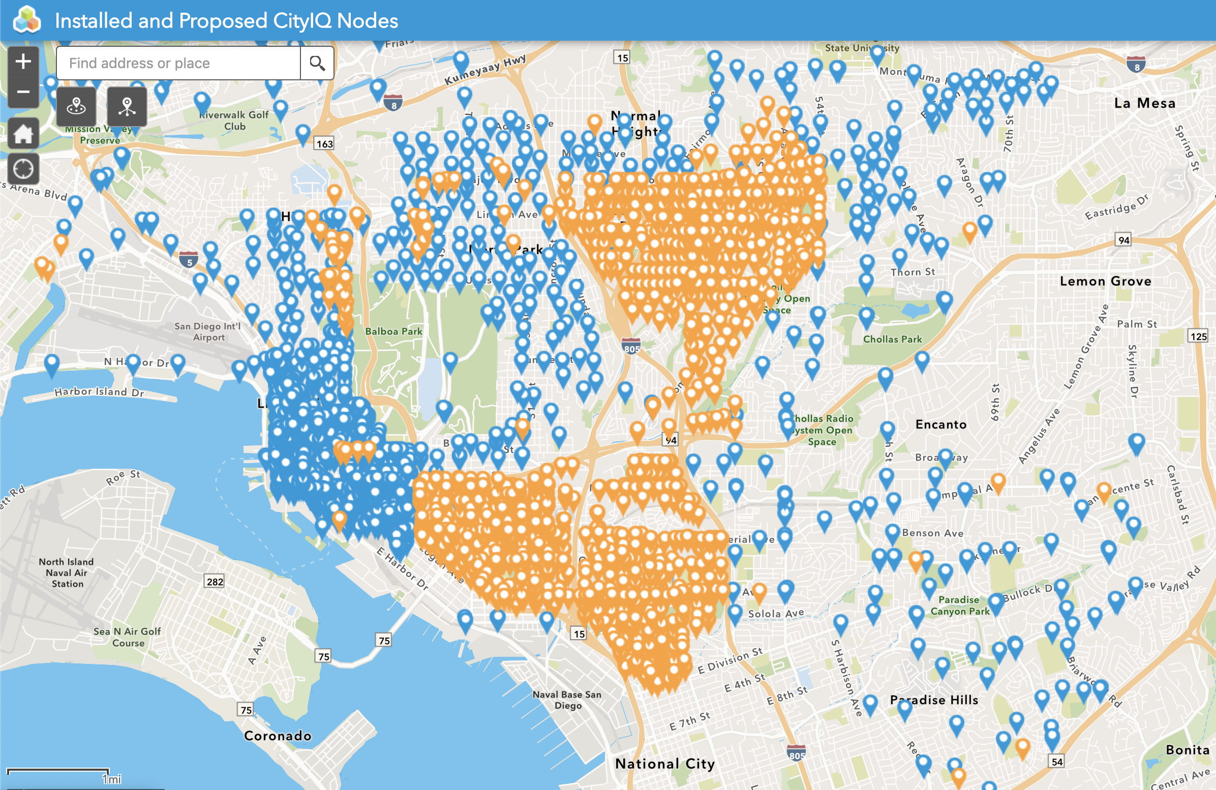 Blue pins indicate installed cameras, orange pins indicate cameras to be installed.