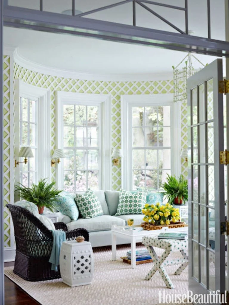 Lime green lattice rotunda sunroom, via House Beautiful.