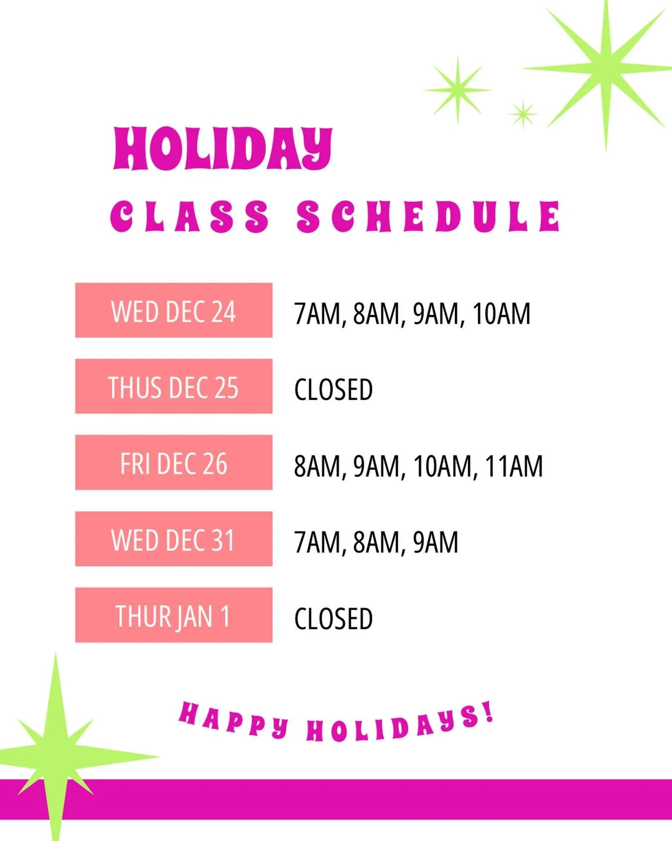Holiday Schedule ➡️ sign up ahead of time to secure your spot! We are closed Christmas Day + New Years Day to give our Peachers a day off 💖