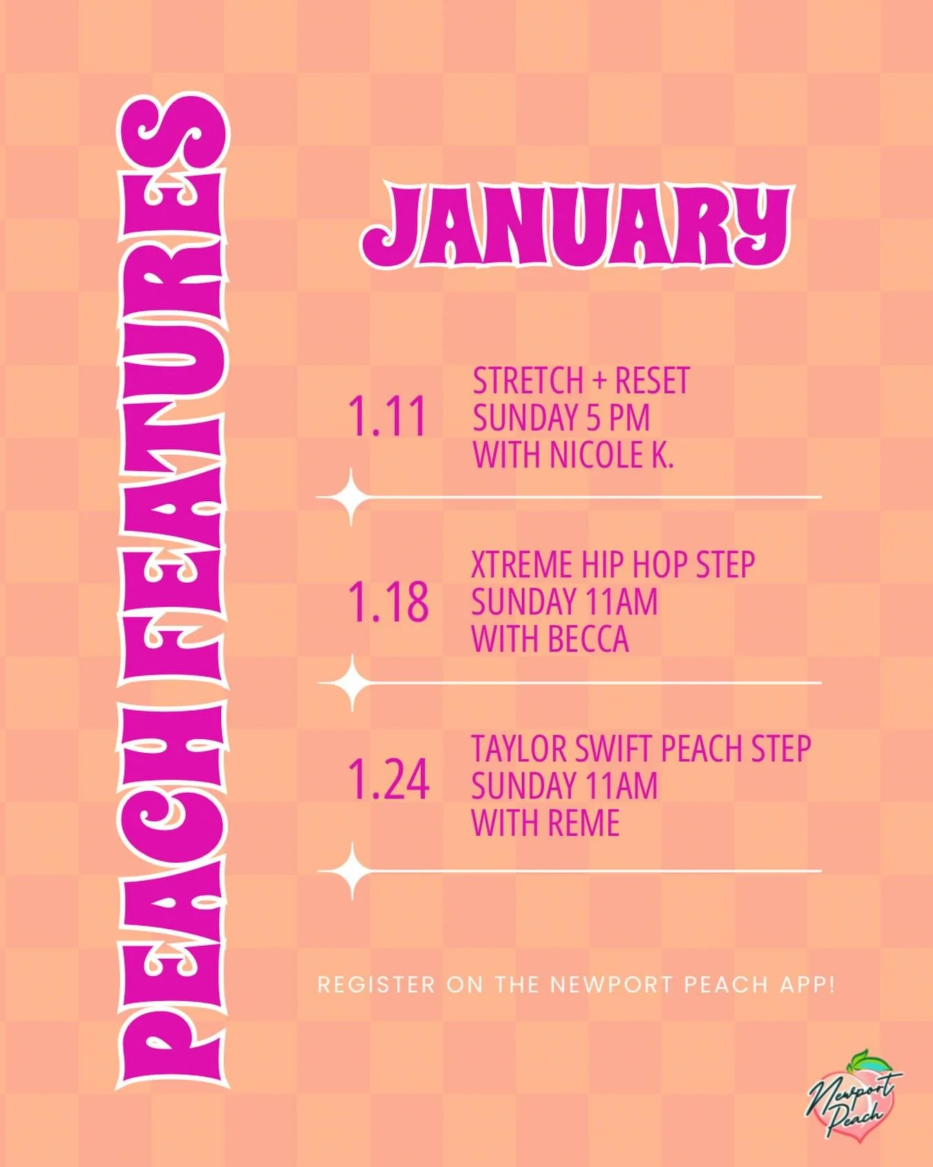 💖January Peach Features are here! 🍑 We are starting off the year strong with some extra classes on the schedule! Be sure to sign up ahead of time to secure your spot!