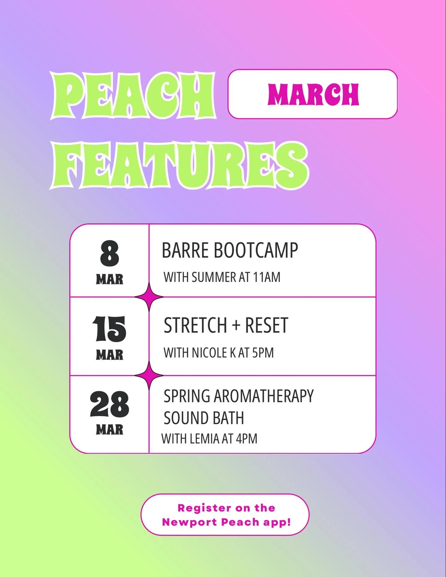 March Features are here Peaches! 🍑 We are excited to bring back Barre Bootcamp and a special Sound Bath this month! ✨ Be sure to sign up early!