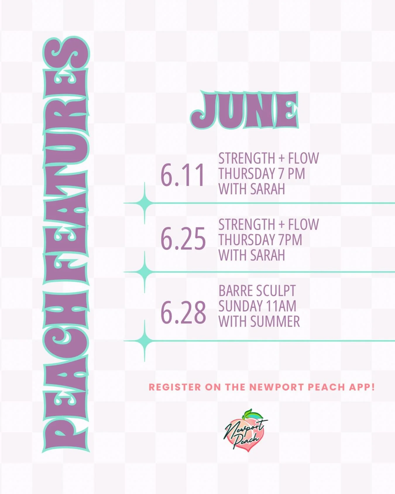 June Peach Features are here!! 🍑 Strength + Flow with @yoga.hiking.girl and Barre Sculpt with @mysummersoul ✨ Be sure to sign up ahead of time!