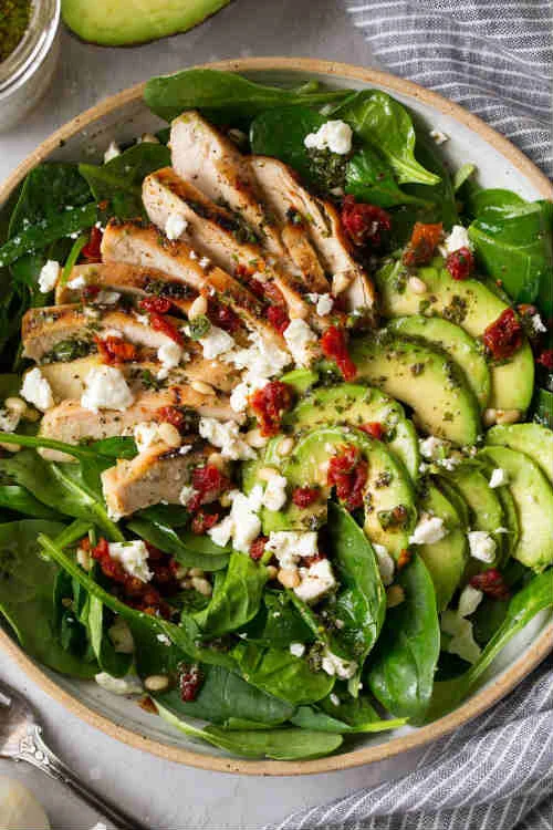 Grilled Chicken Sun Dried Tomato and Avocado Spinach Salad.jpg