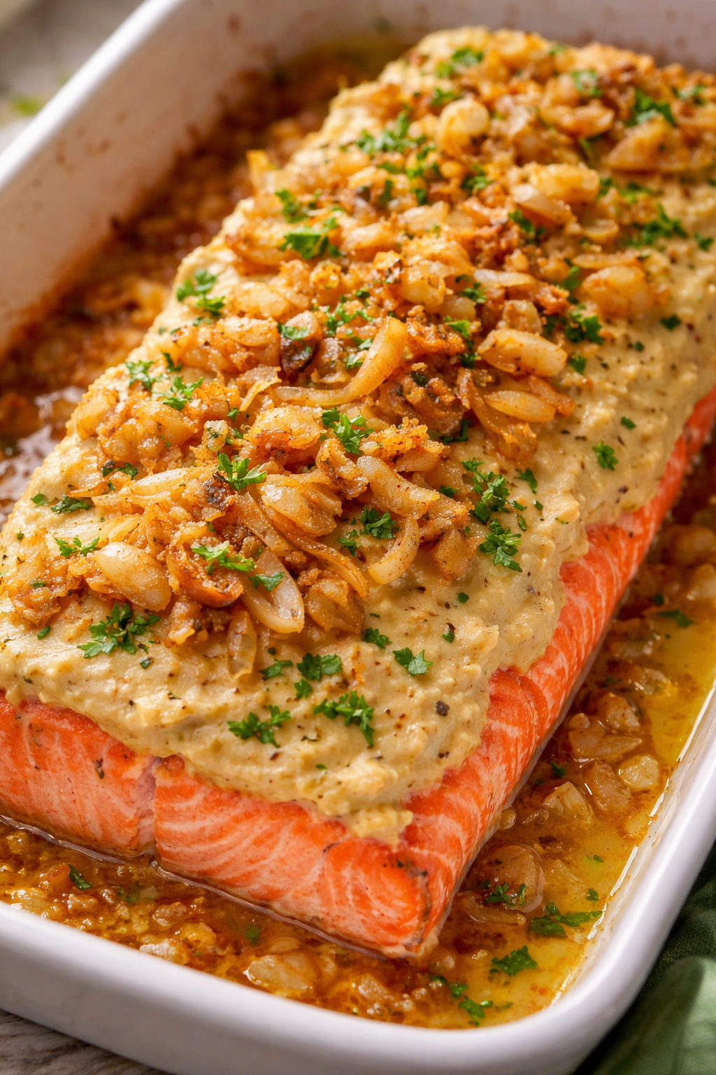 🌿 BAKED SALMON WITH GARLIC–ONION HUMMUS CRUST  Simple • Nourishing • Flavor-Rich