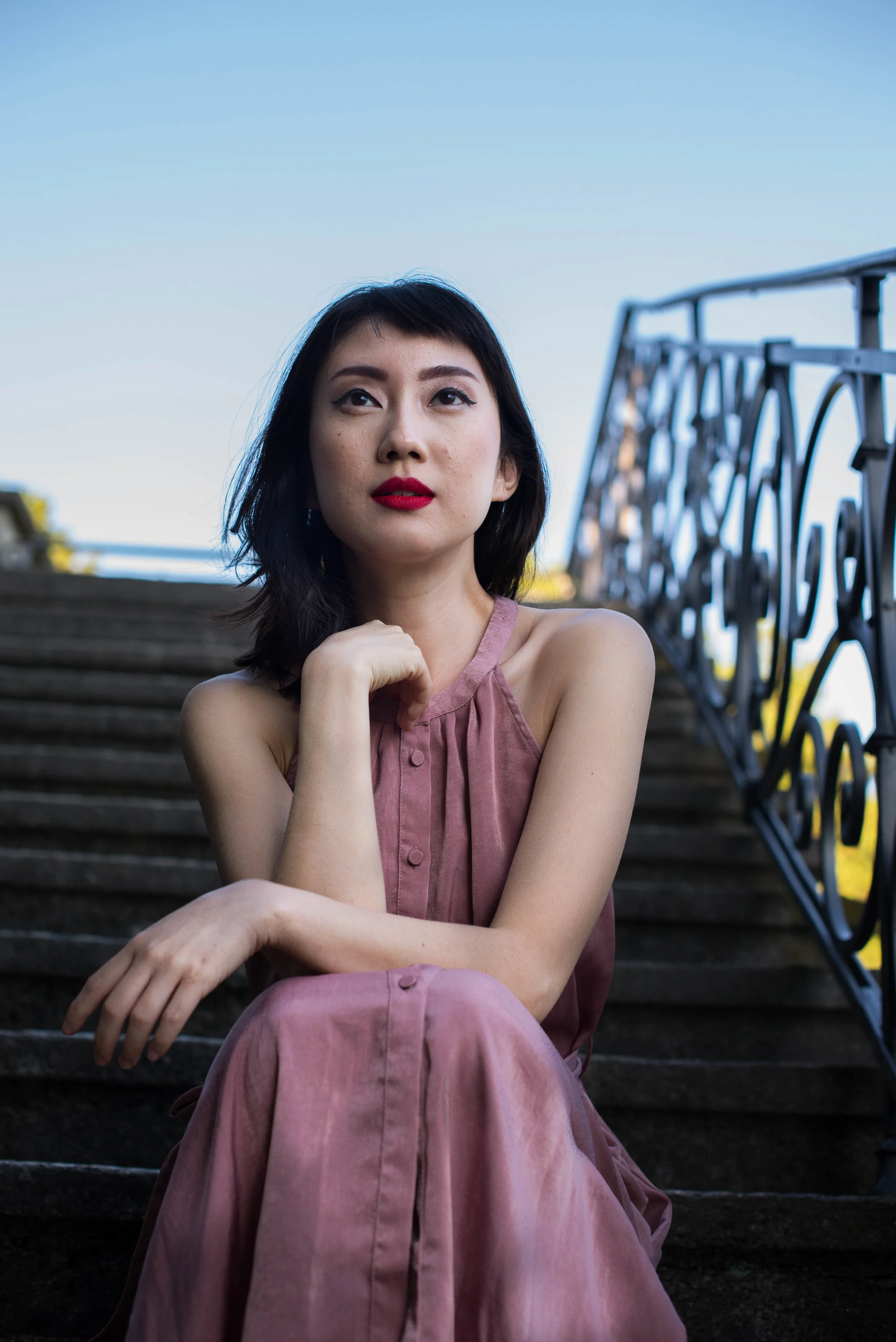 model on stairs