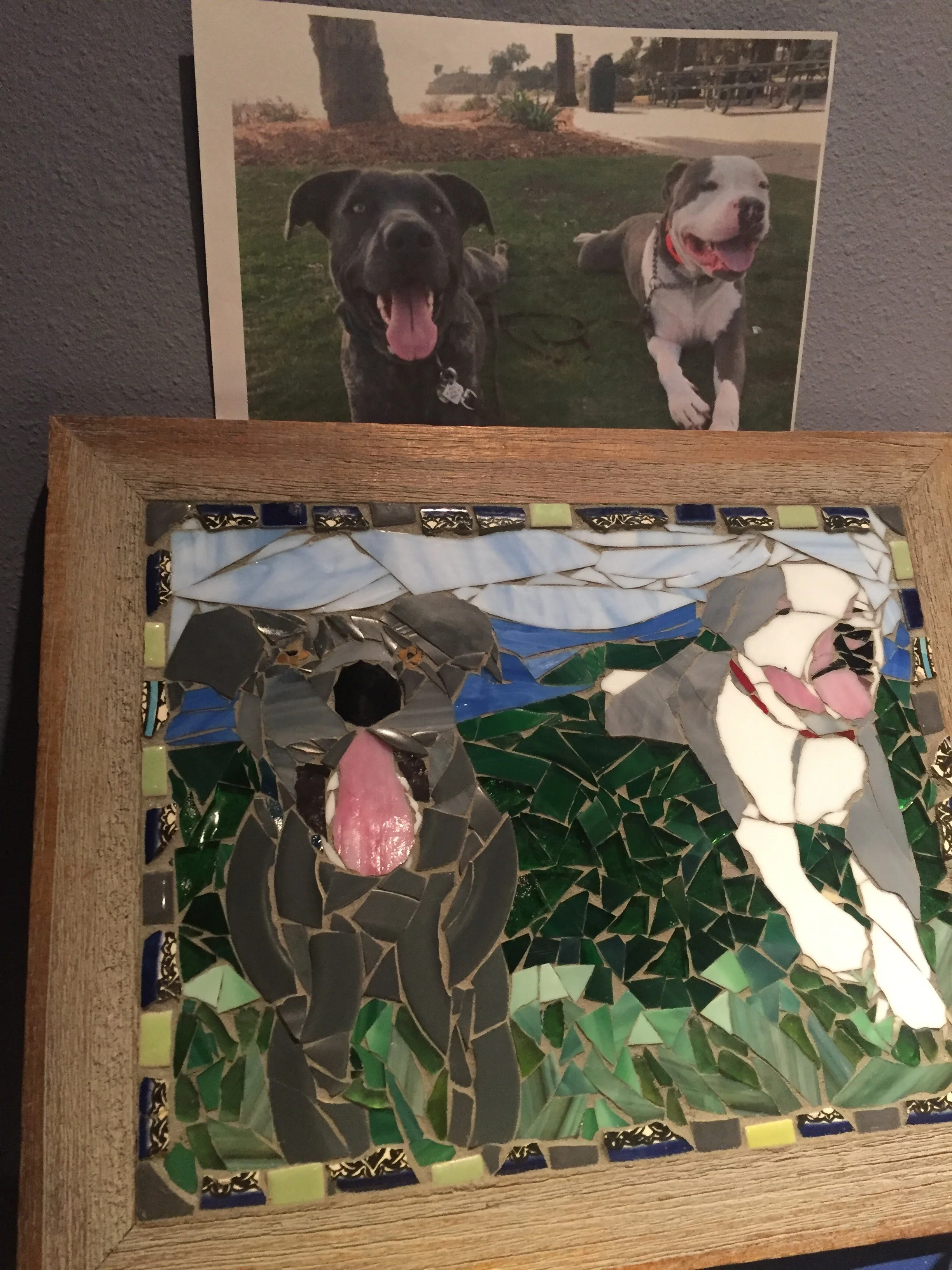  These two dogs belong to a dog trainer that relocated from her home town. Her Mom surprised her with this mosaic for her new home.&nbsp; 