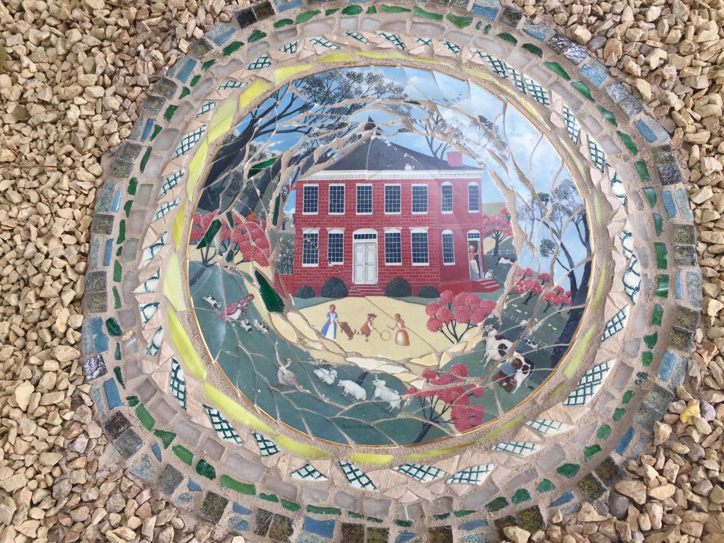  I found this plate in a thrift store from the 1856 Colony days. I used lots of square tiles to make smaller shapes. I used tape across the plate when breaking to not lose important pieces.&nbsp; 