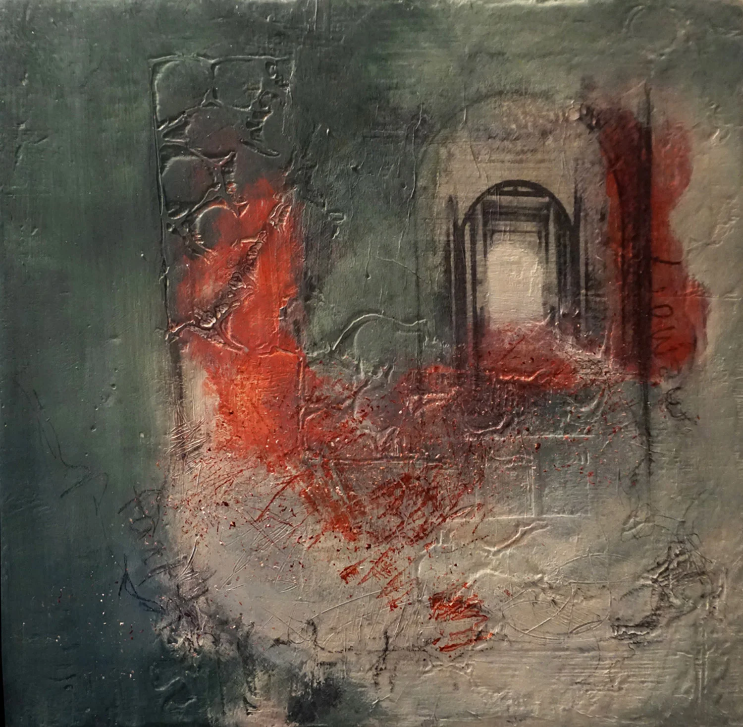 "No Going Back," 14.5" x 14.5", mixed media on deep wood panel