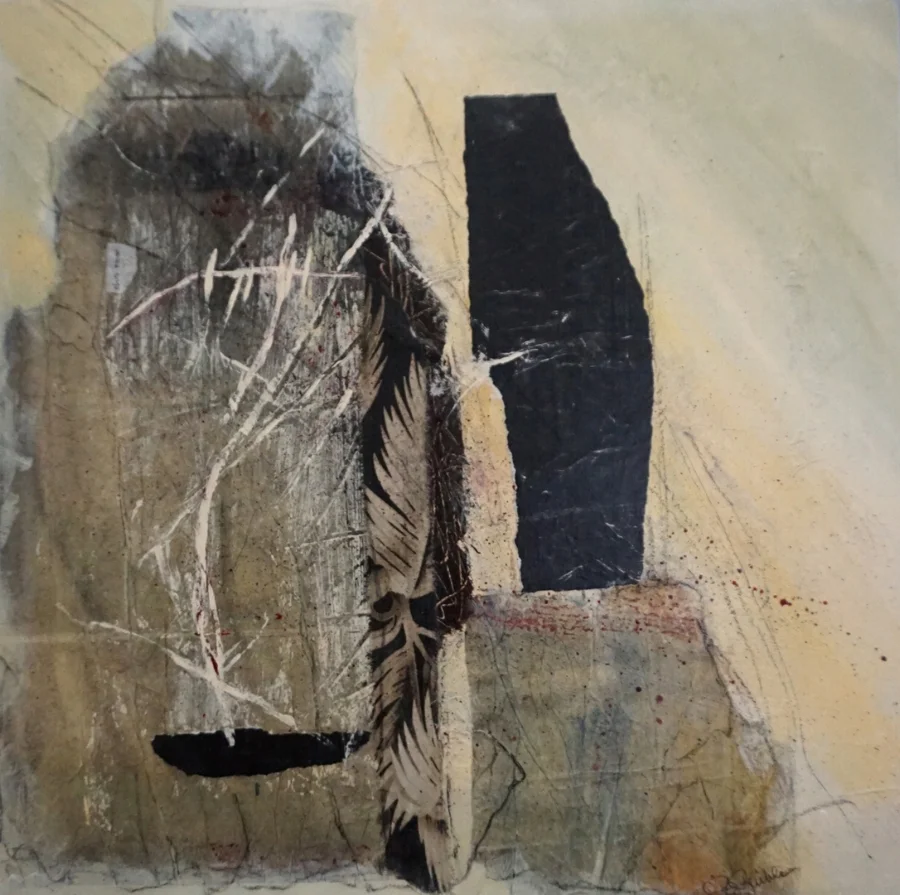 Shifting Fragments 16" x 16" Mixed media painting with collage on deep wood panel