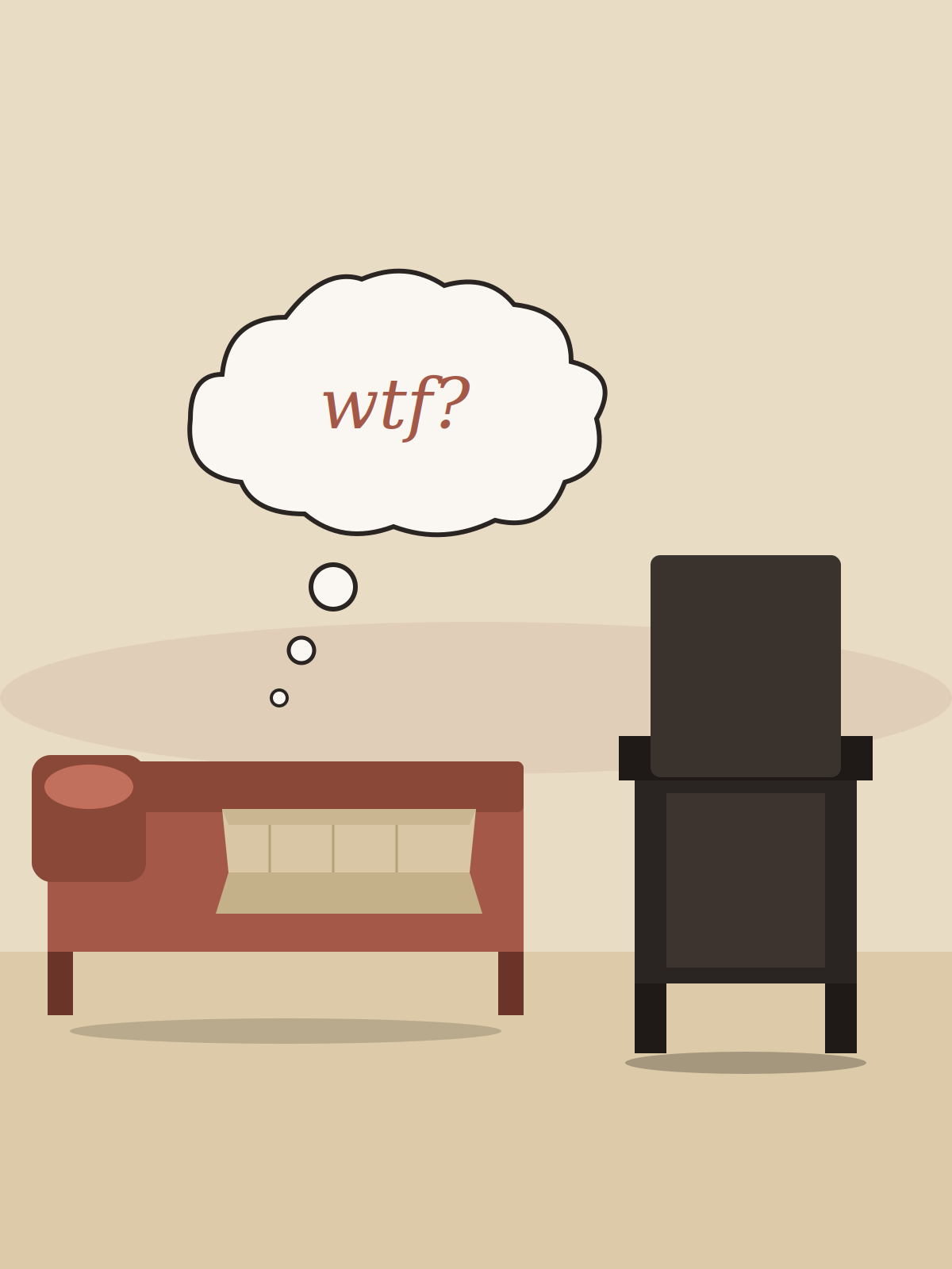 An analyst's couch and chair on a warm amber background, with a thought bubble reading 'wtf?' rising from the couch