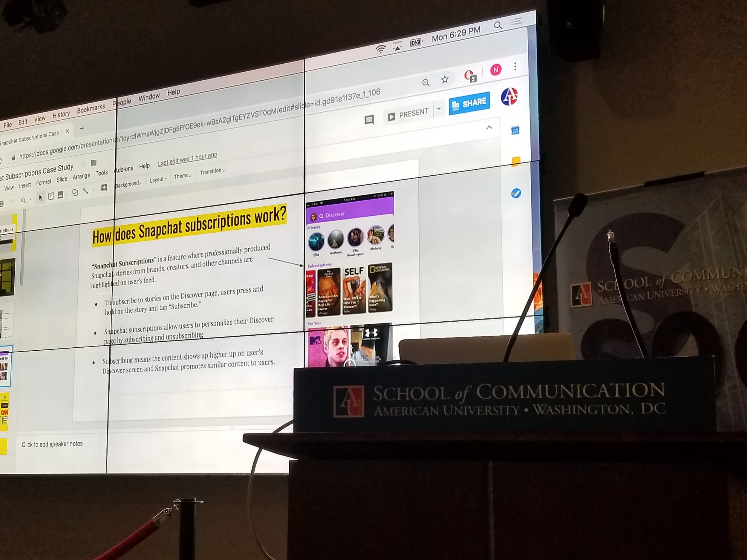 A student-presented case study on Snapchat subscriptions, part of ‘Engaging Digital Audiences’ at AU