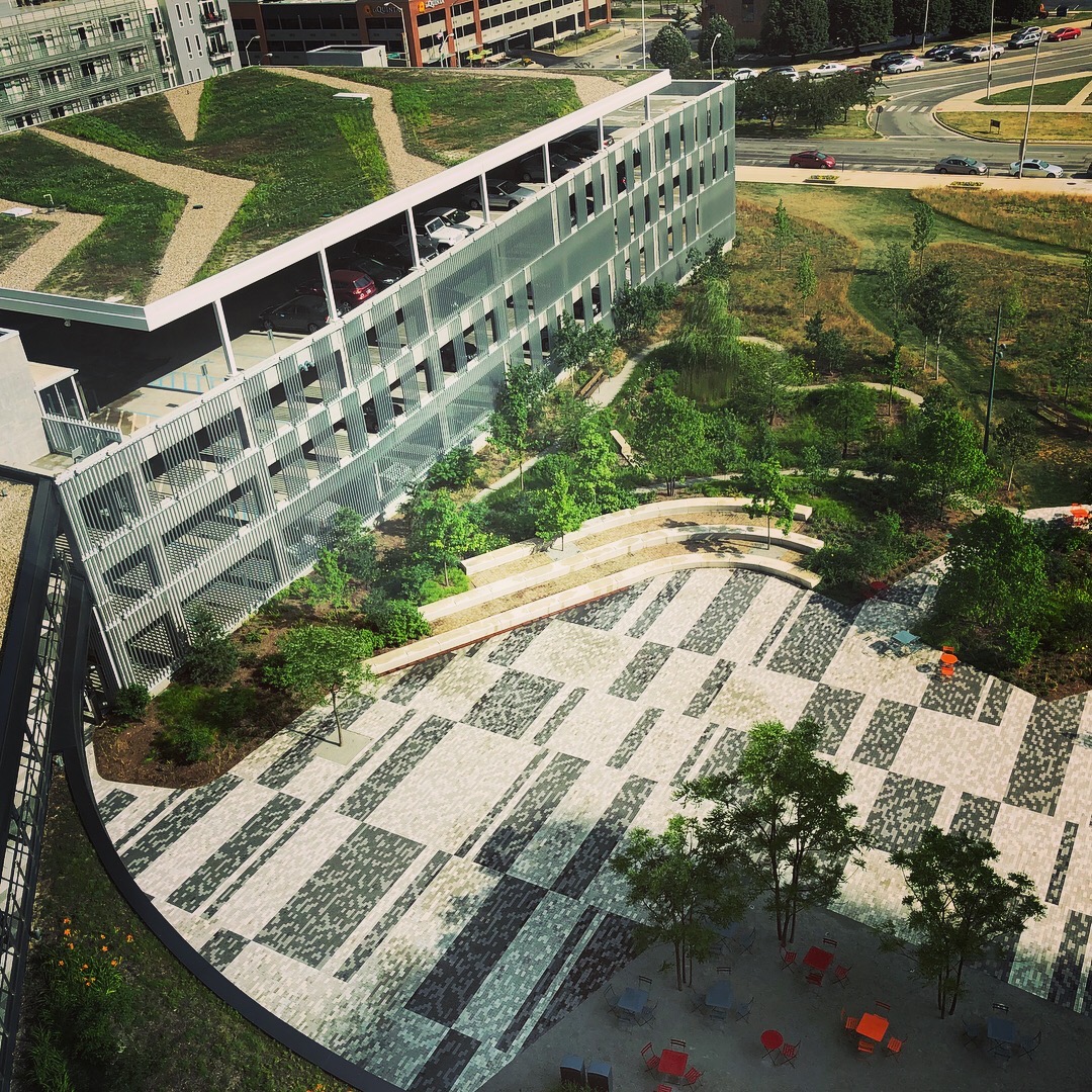  Simple sedum roof over employee parking structure to soak up some runoff - in collaboration with DBP and my role as Director of Architecture at Cummins 