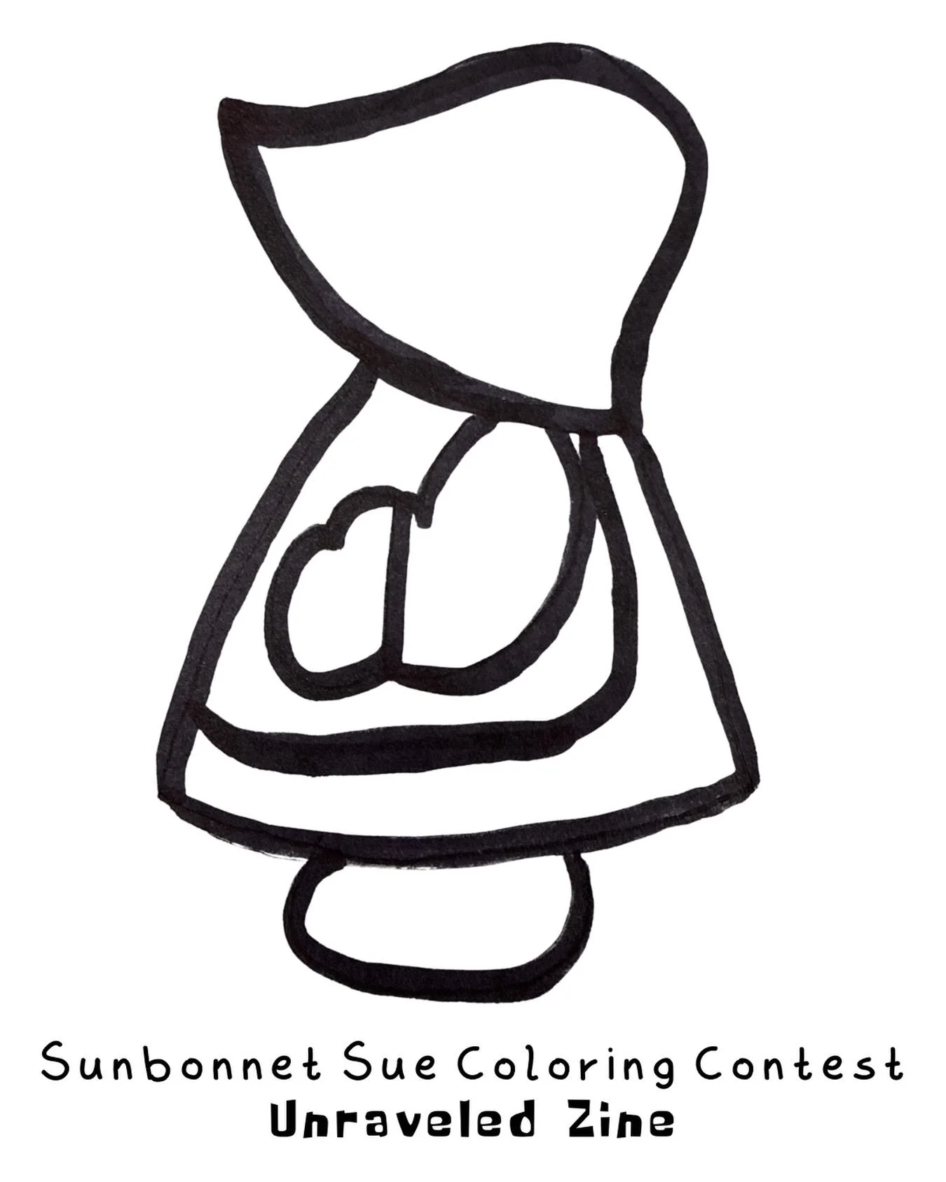 This is Sunbonnet Sue. Forgive my rudimentary drawing capabilities. How would you envision a modern day version of her? Mine quilted their dress out of vintage band T-shirts. 🤘 Please, color her any way you choose. You can redesign her as long as it