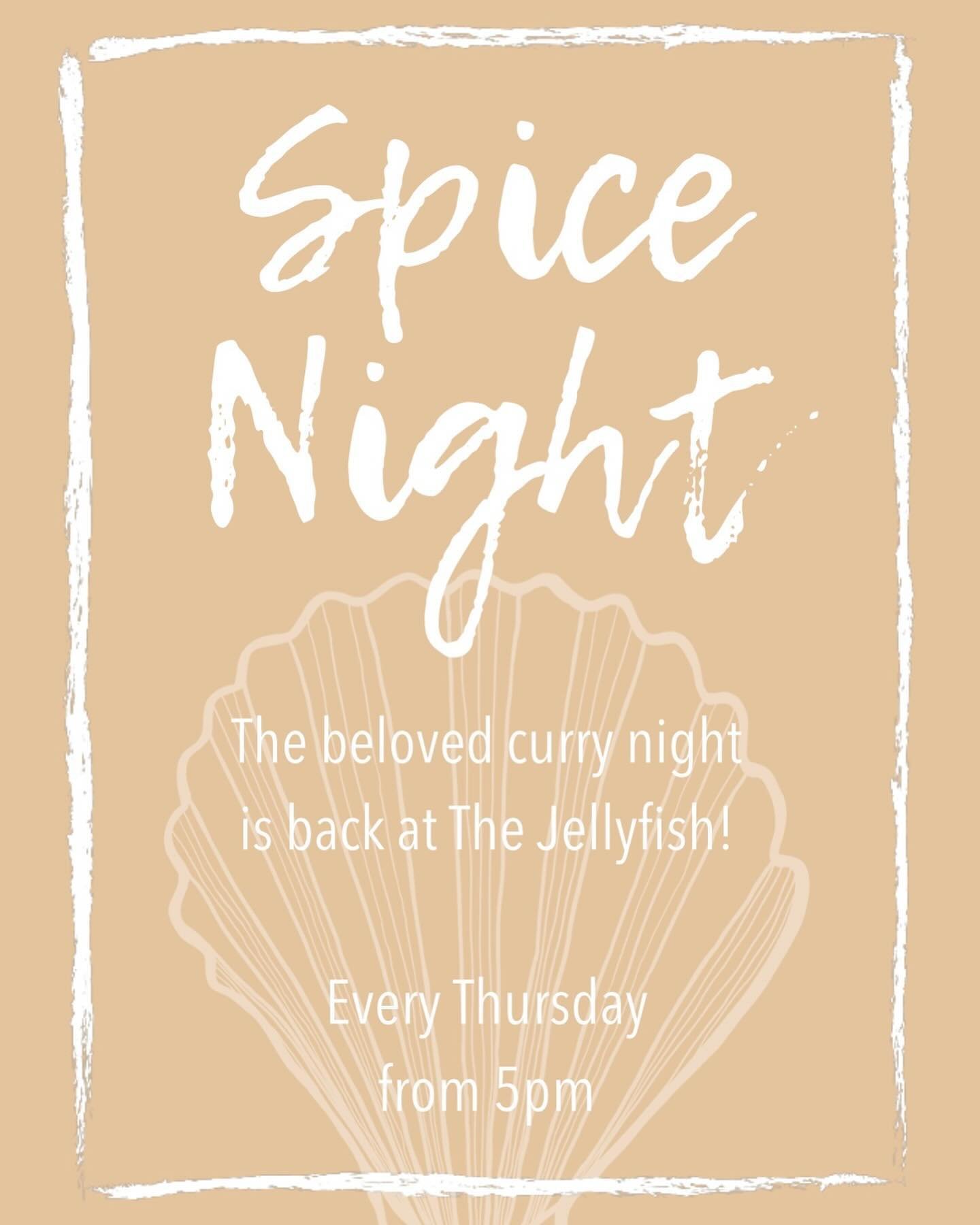 After lots of requests&hellip;Spice (curry) night ✨ is back at The Jellyfish on Thursdays! 

Join us for your favorite curry every Thursday from 5pm.
 
To celebrate our first spice night this winter season, all reservations will receive a complimenta