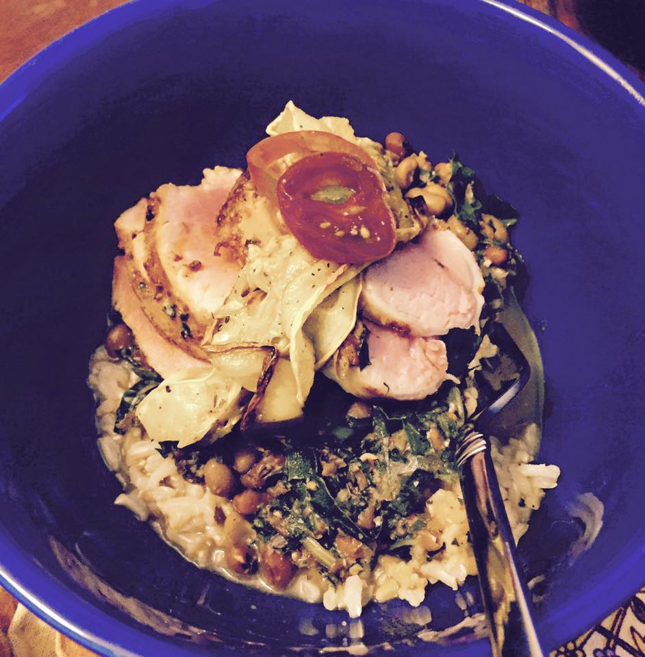 brown rice, pork tend, yellow squash, red peas, cherokee tomatoes.jpg