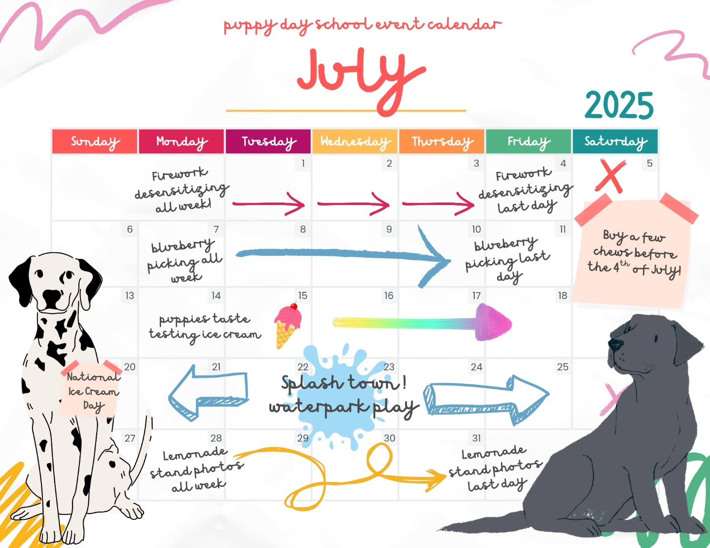 In honor of the 1st day of summer here's our Puppy Day School Event Calendar for July! 
☀️🌈☀️🌈☀️🌈☀️🌈
Book your Puppy Day School days through your client portal or call us today! 
☀️🌈☀️🌈☀️🌈☀️🌈
#puppydayschool #puppiesofinstagram #houstonheight