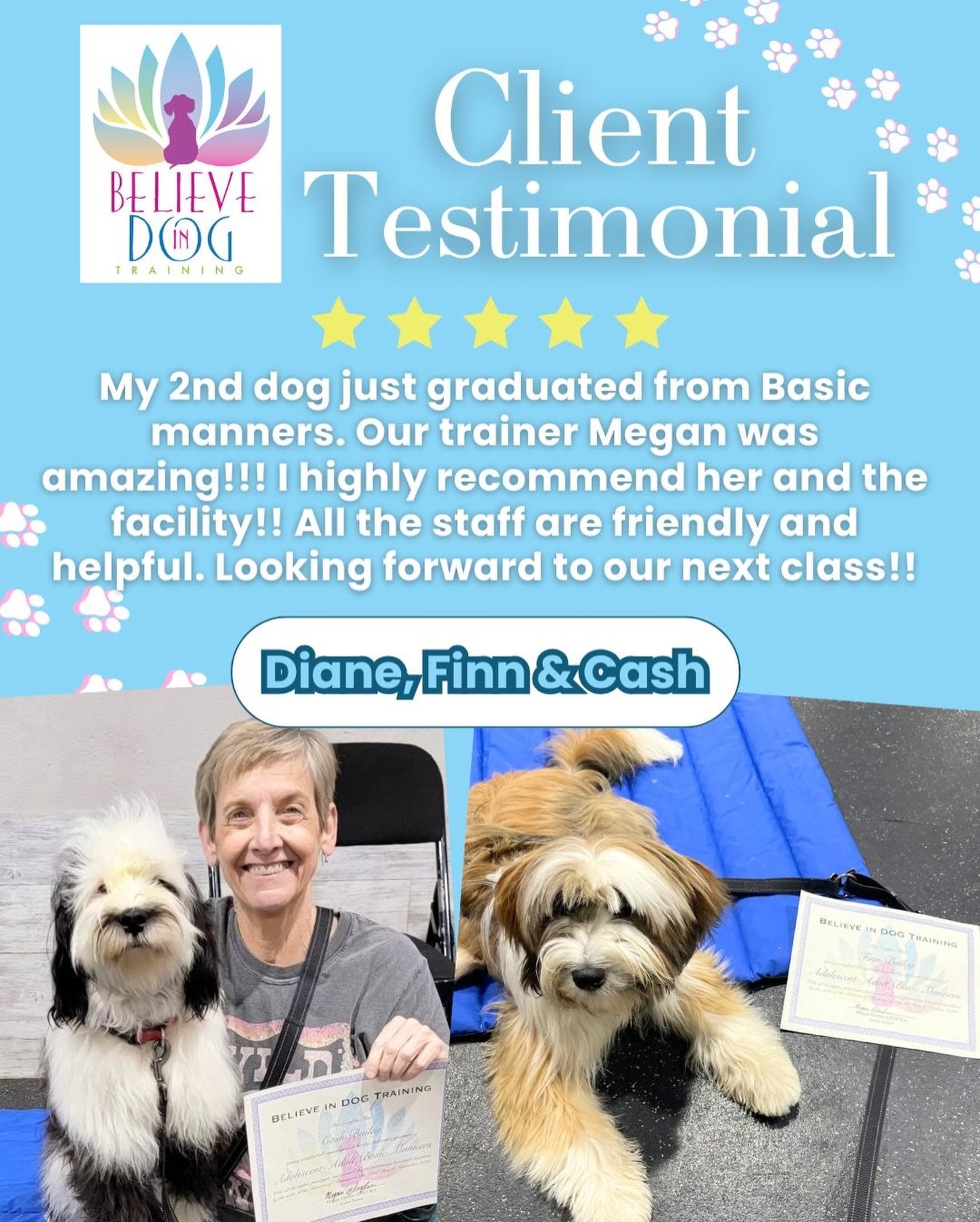 Thank you so much Diane, Finn, &amp; Cash! We have truly loved working with you and watching you grow! We always love hearing our clients feedback! Please leave us a Google review and let us know how we are doing! We appreciate your business!🪷🐶

#c