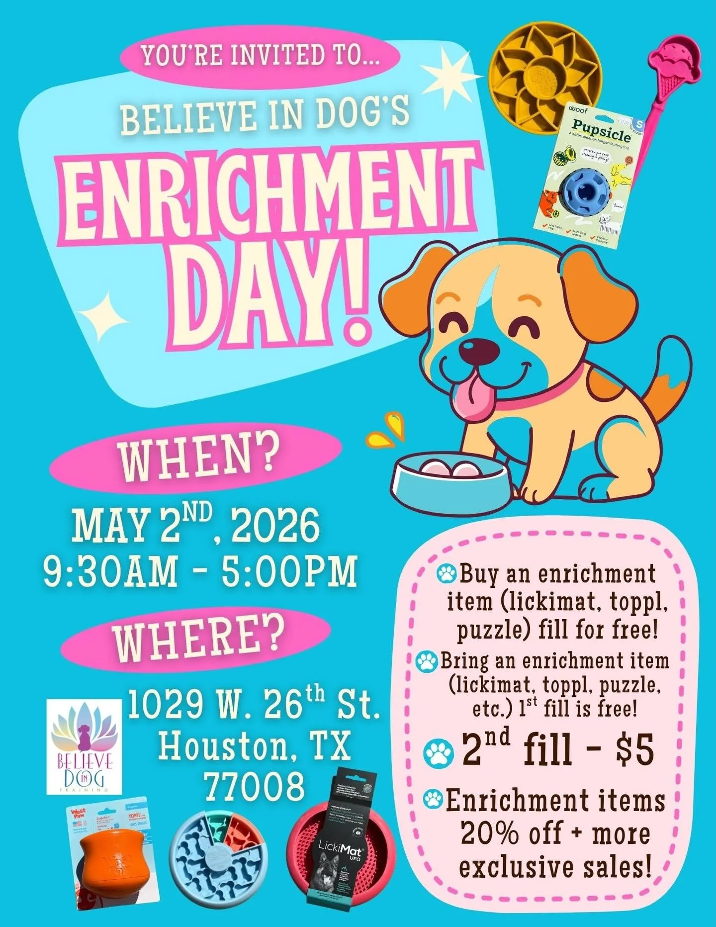 It&rsquo;s Enrichment Day at Believe in Dog &amp; we&rsquo;re making it way too good to miss!!

🐶 Here&rsquo;s the deal:
Bring your own enrichment toy (lickimat, toppl, pupsicle, etc) OR grab one in-store, and we&rsquo;ll fill it for FREE (yes, real