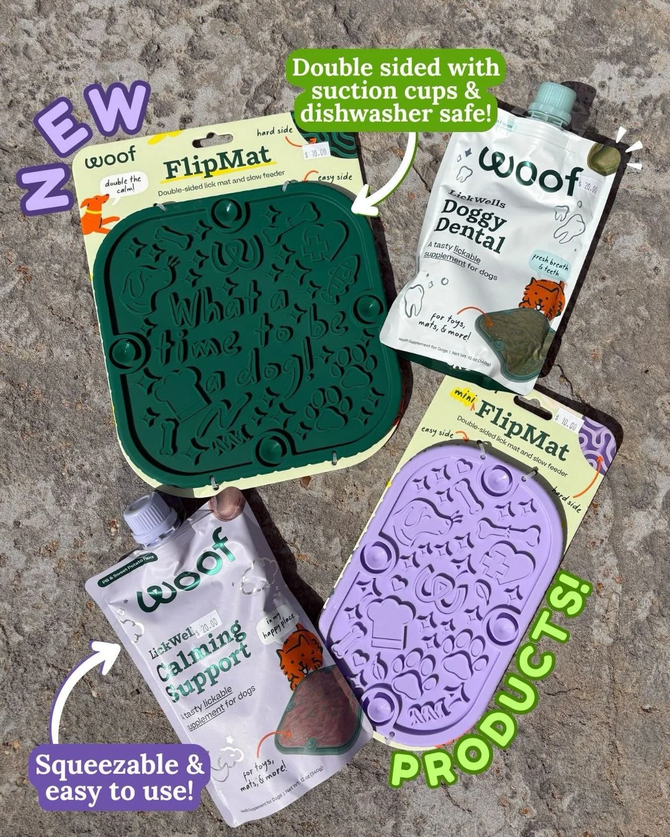 Enrichment, but make it EASY, with Woof&rsquo;s new double-sided Flip Mats and LickWells! 

Your favorite Pupsicle mixes now come in mess-free squeeze pouches (yes&hellip;finally!)
🪷 Calming Support for focused, relaxed pups!
🦷 Doggy Dental to supp