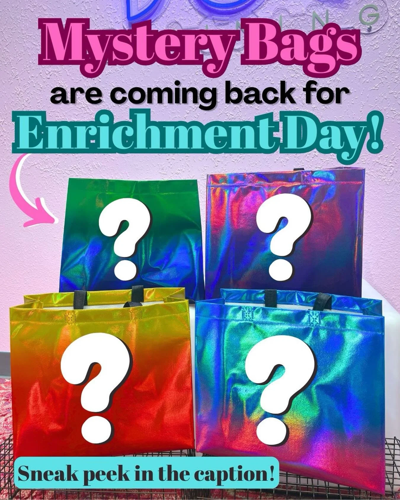 They&rsquo;re baaaack!👀

Mystery Bags are returning for Enrichment Day and trust us, you&rsquo;re going to want in on this. Each bag is packed with surprise goodies your dog will love and the value&hellip;even better!😉

Here&rsquo;s a sneak peek at