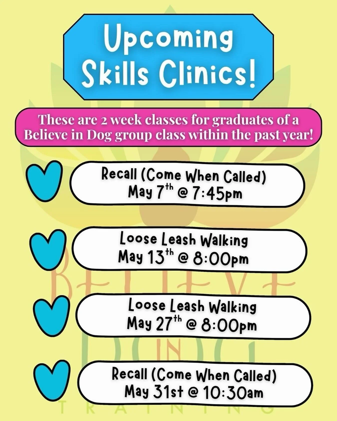 Ready to level up those skills?🐾

Our new Skills Clinics are officially open! These focused 2-week classes are perfect for recent group class grads looking to fine tune the basics and turn practice into real life results!

Spots are limited, and the