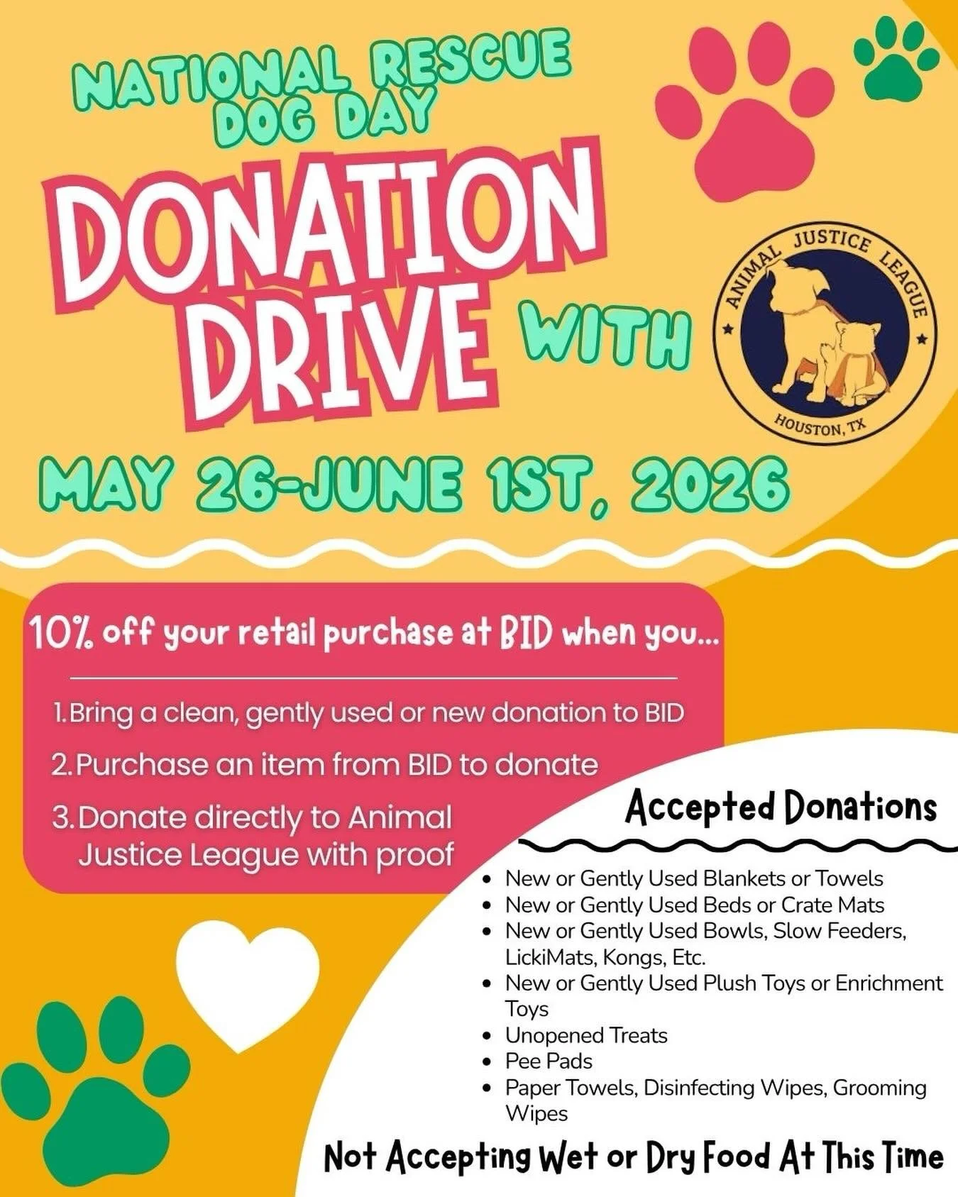 Celebrate National Rescue Dog Day by giving back!🐶💛
-
We&rsquo;re teaming up with @ajl_houston for a Donation Drive from May 26 &ndash; June 1, 2026! Bring in a new or gently used donation, purchase an item to donate, or donate directly to @ajl_hou