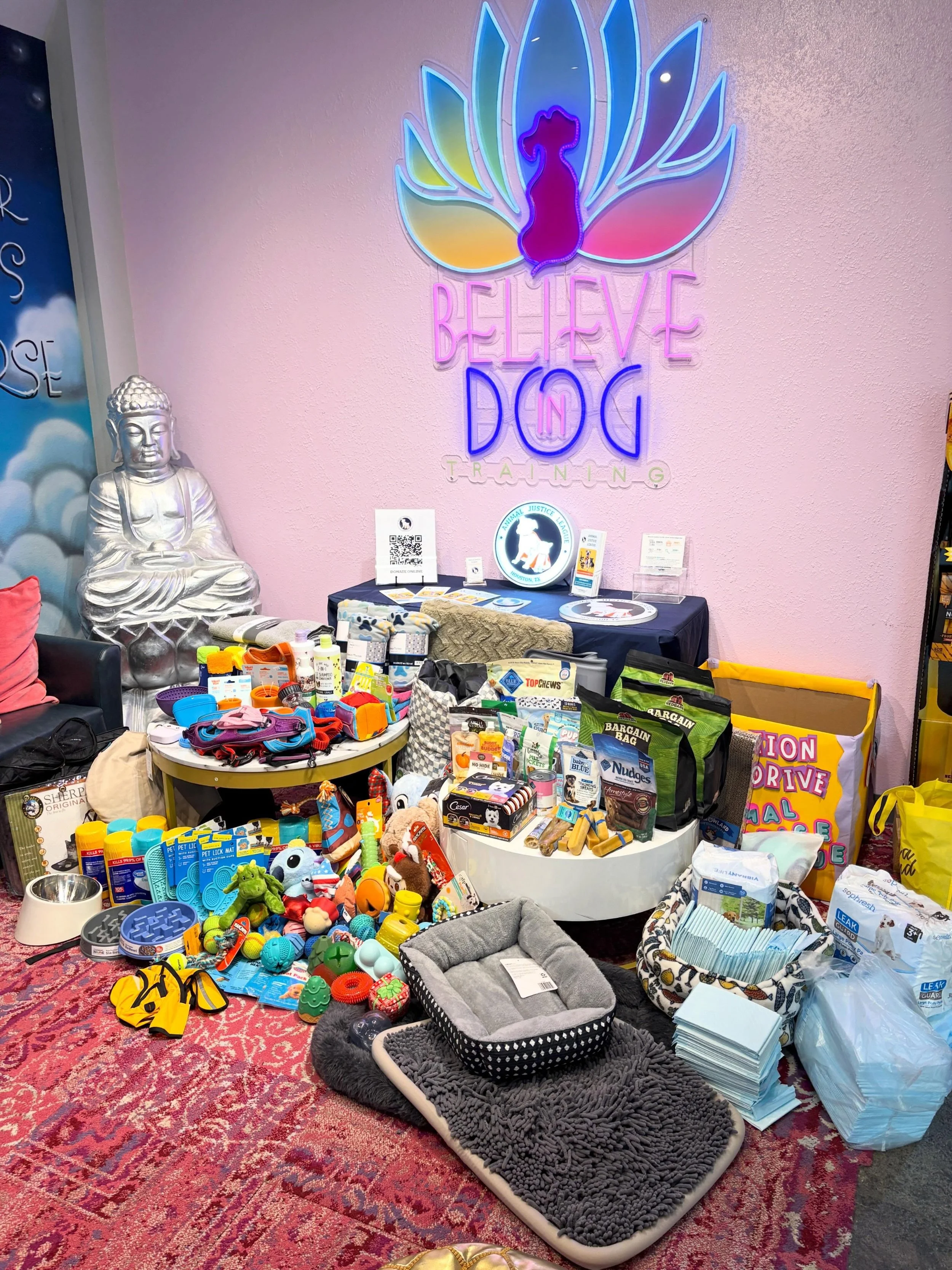 From the bottom of our heart, THANK YOU! Our clients and community showed up in a huge way for our donation drive for @ajl_houston! Because of you we were able to donate everything shown in this picture + more! Dogs lives are going to be changed beca