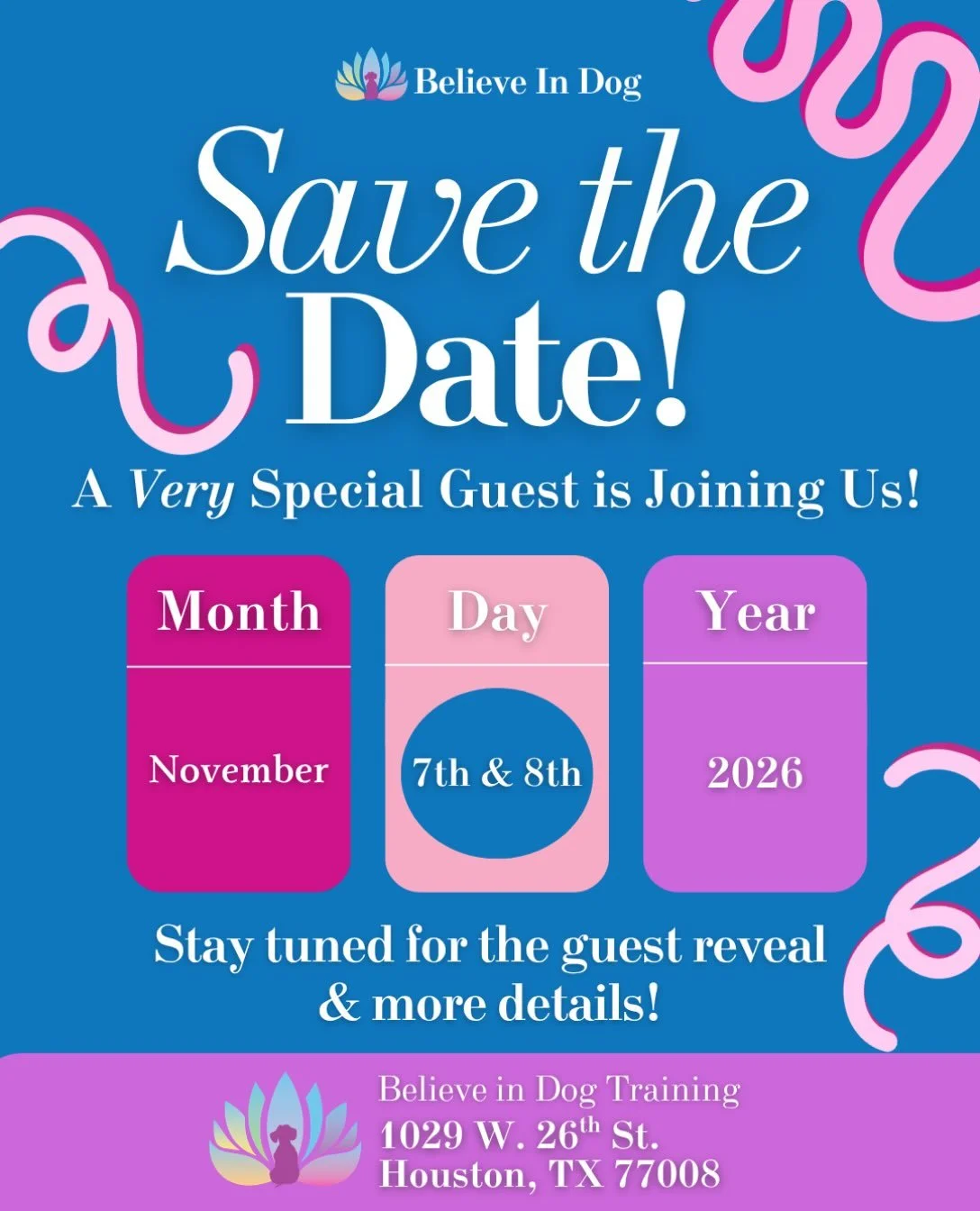 ✨SAVE THE DATE!✨

We are so excited to announce that we have a VERY special guest joining us at Believe in Dog this November!

Mark your calendars for November 7th &amp; 8th and stay tuned! We&rsquo;ll be revealing our special guest and sharing more 
