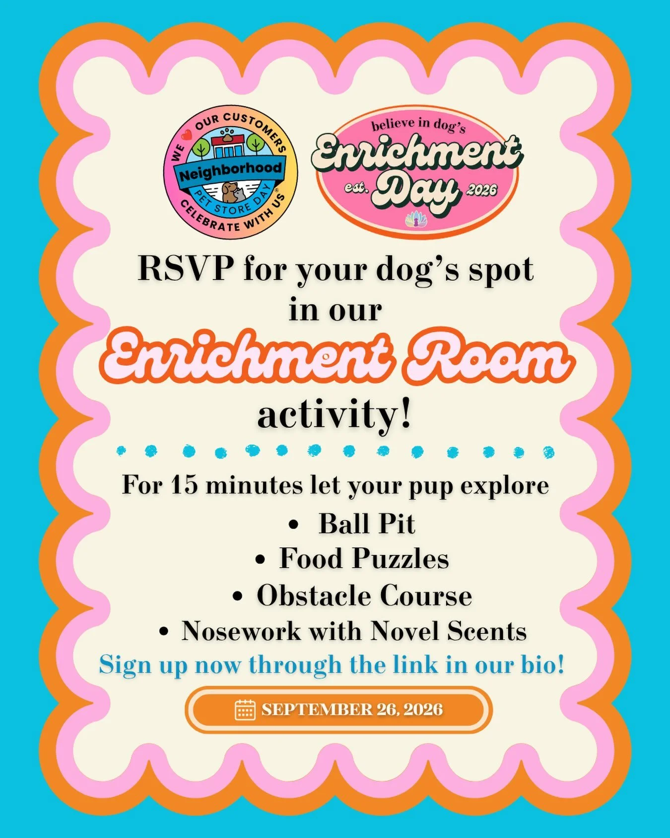 It&rsquo;s Neighborhood Pet Store Day week!!! In addition to Neighborhood Pet Store Day we are hosting Enrichment Day, but this time with something extra special&hellip;our debut Enrichment Room! This is sensory heaven for your pup &amp; you won&rsqu