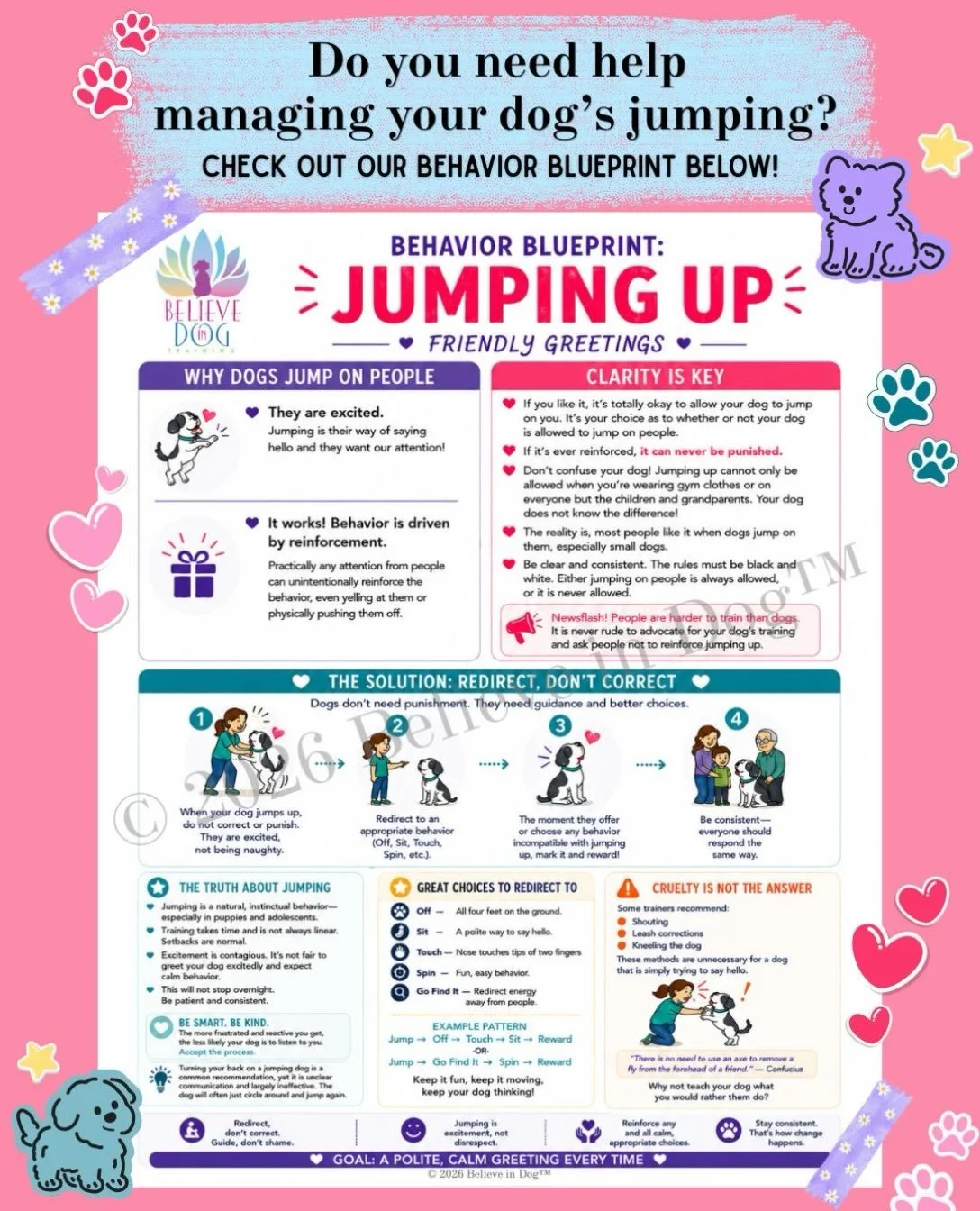 Need help managing your dog&rsquo;s jumping? We&rsquo;ve got you covered! Our Jumping Up Behavior Blueprint gives you practical guidance to help your dog learn more appropriate ways to greet people!🐶🪷

Ready to get started? Find the blueprint on ou