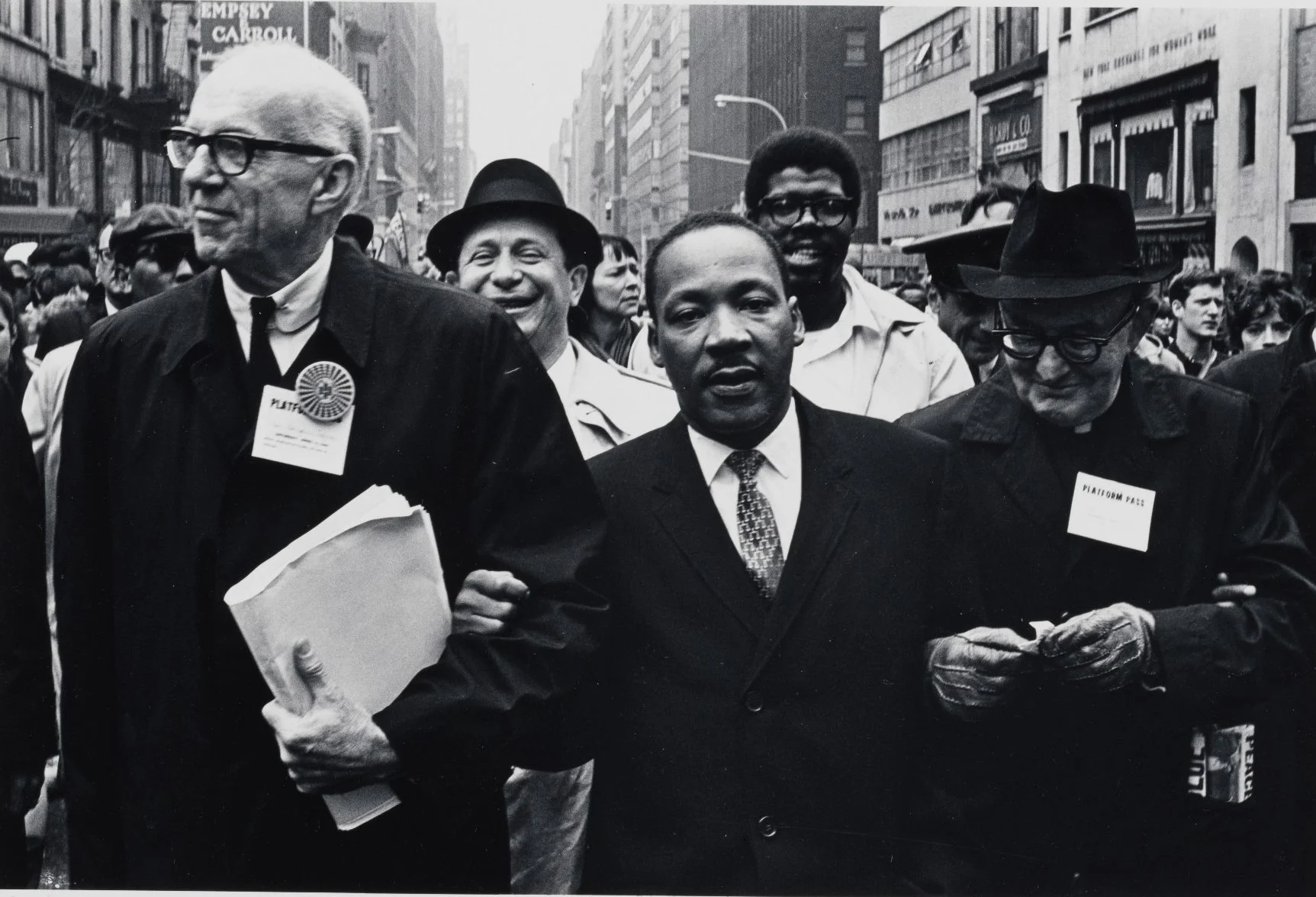 Dr. Benjamin Spock, Dr. King and Monsignor Rice of Pittsburgh march in the Solidarity Day Parade at the United Nations building (April 15, 1967);Photo by Benedict J. Fernadez, courtesy of MCNY