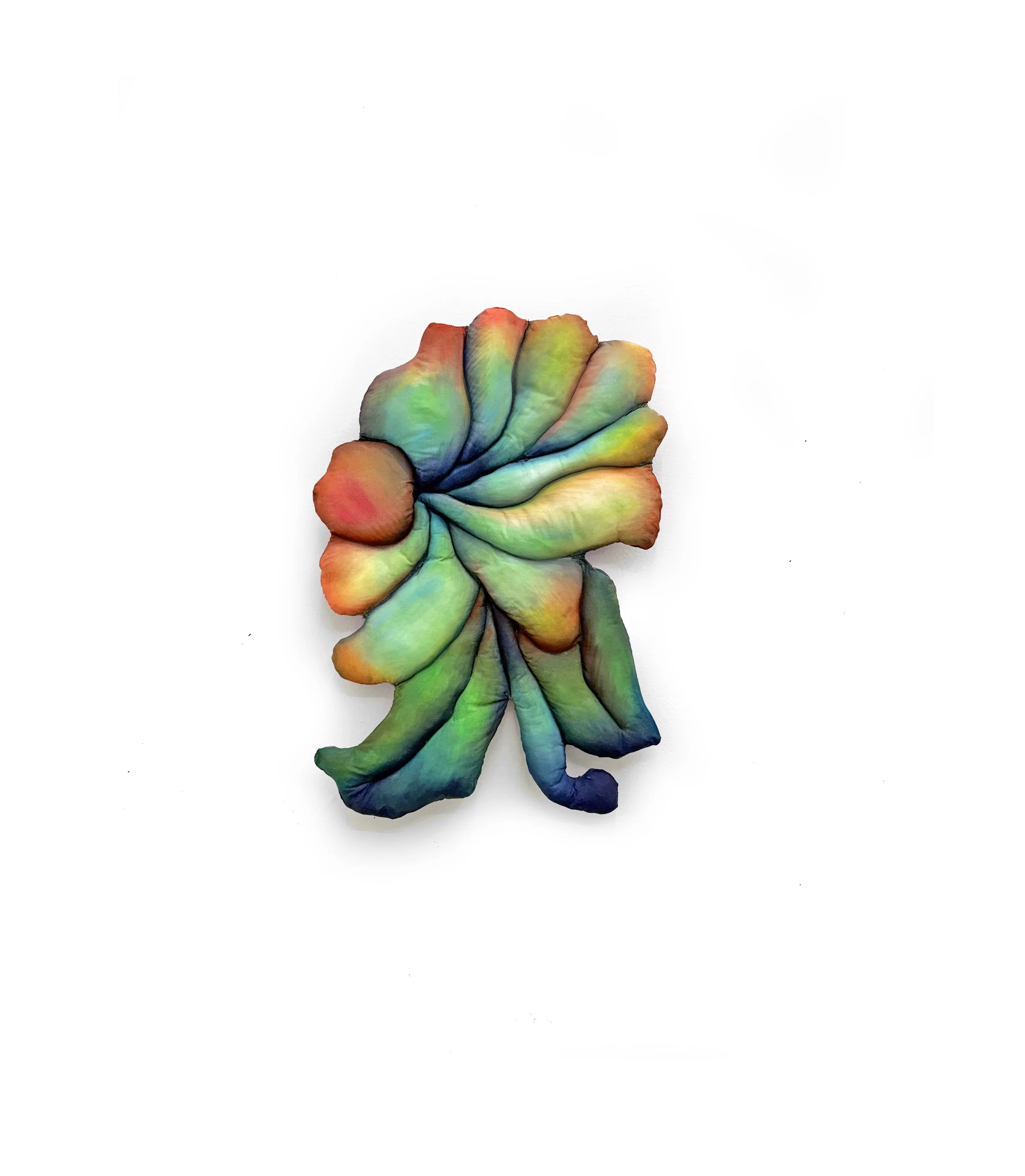FLOWER 5, 2026, reclaimed materials, nylon, fabric, thread, fabric pigment, 38 x 34 x 2" 