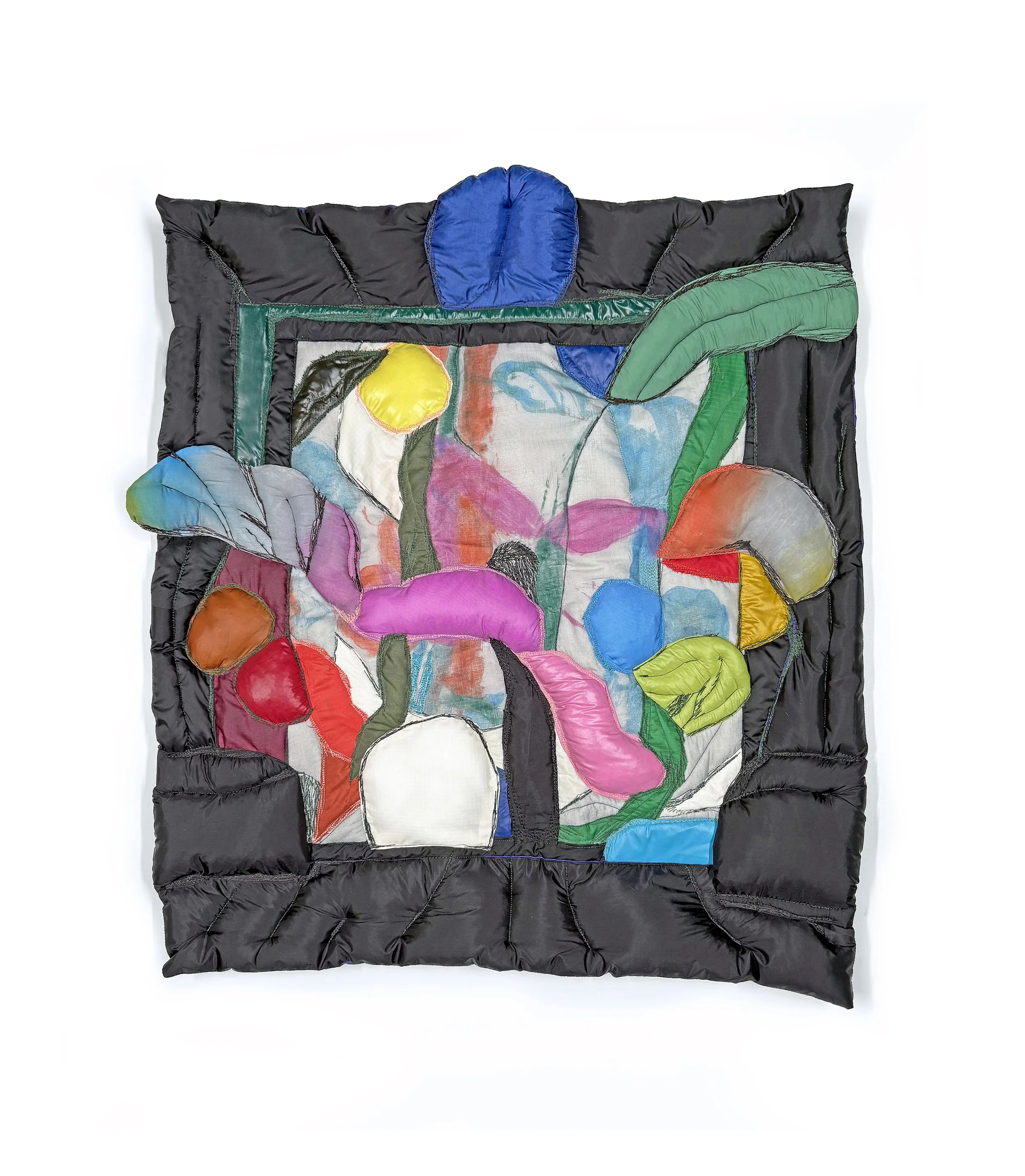 SAPPY, 2025, Fiber, nylon, fabric, archival fabric tint, thread, 19 x 17.75"