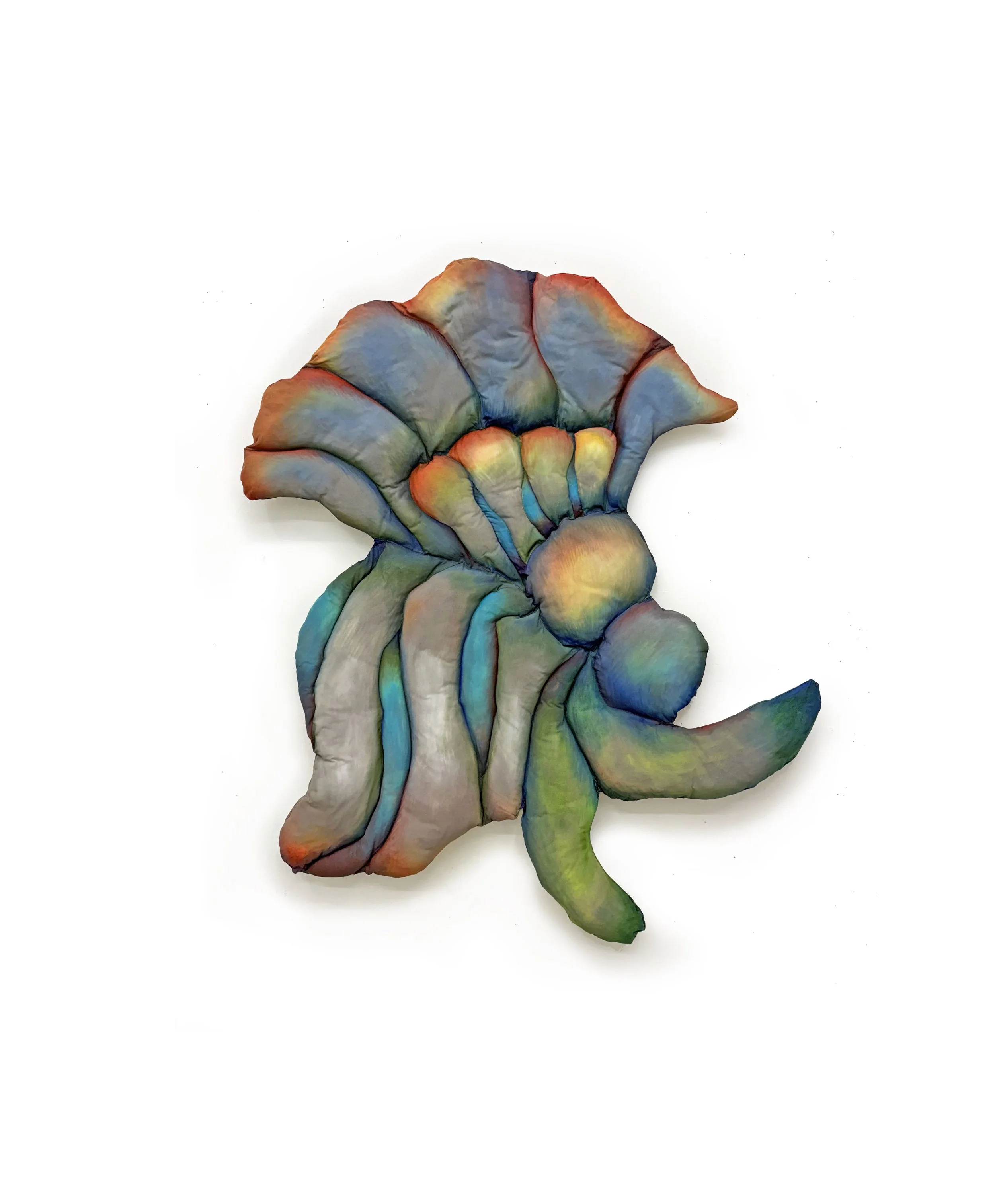 FLOWER 6, 2026, reclaimed materials, nylon, fabric, thread, fabric pigment, 38 x 34 x 2"