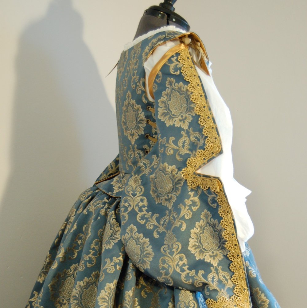 Blue and Gold Elizabethan Gown with Spanish Sleeves  Courtly Clothier